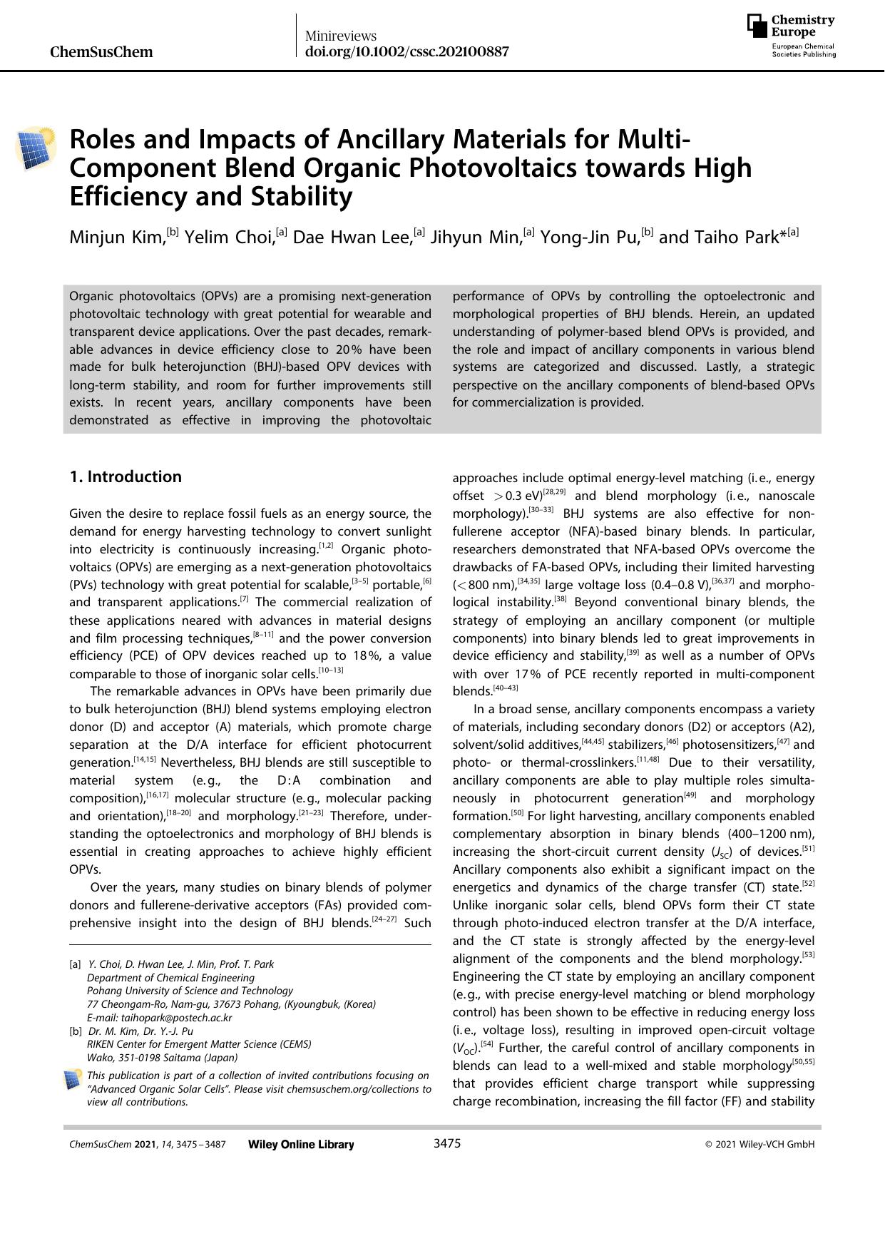 Roles and Impacts of Ancillary Materials for MultiâComponent Blend Organic Photovoltaics towards High Efficiency and Stability by Unknown