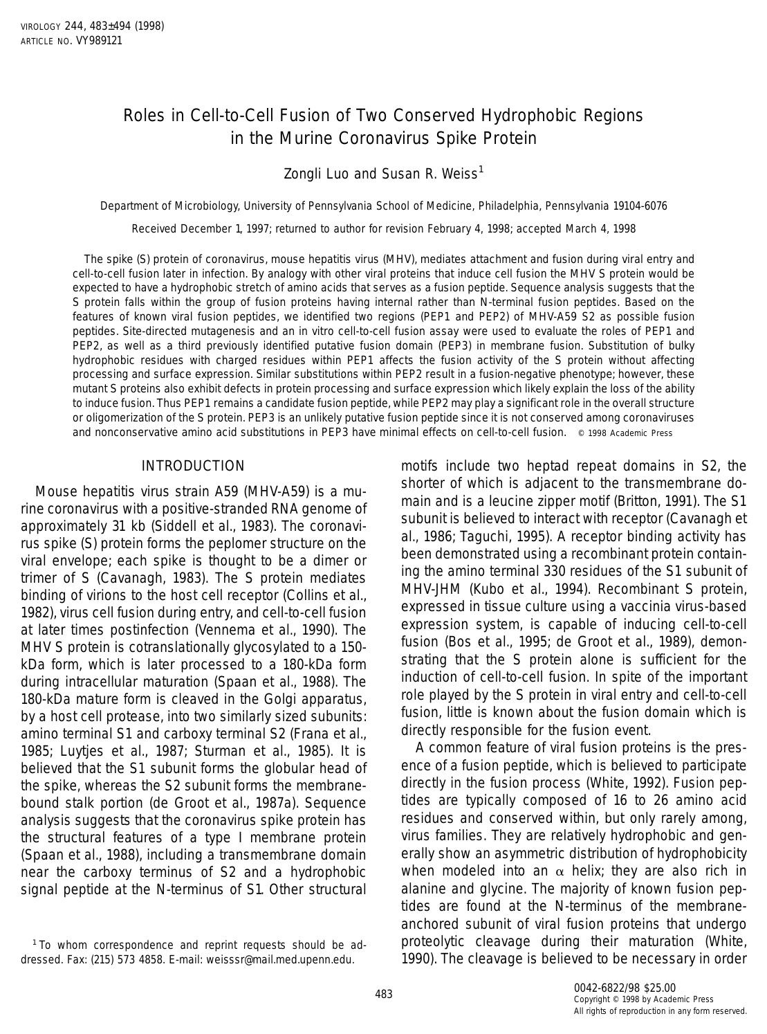Roles in Cell-to-Cell Fusion of Two Conserved Hydrophobic Regions in the Murine Coronavirus Spike Protein by Luo Z. et al