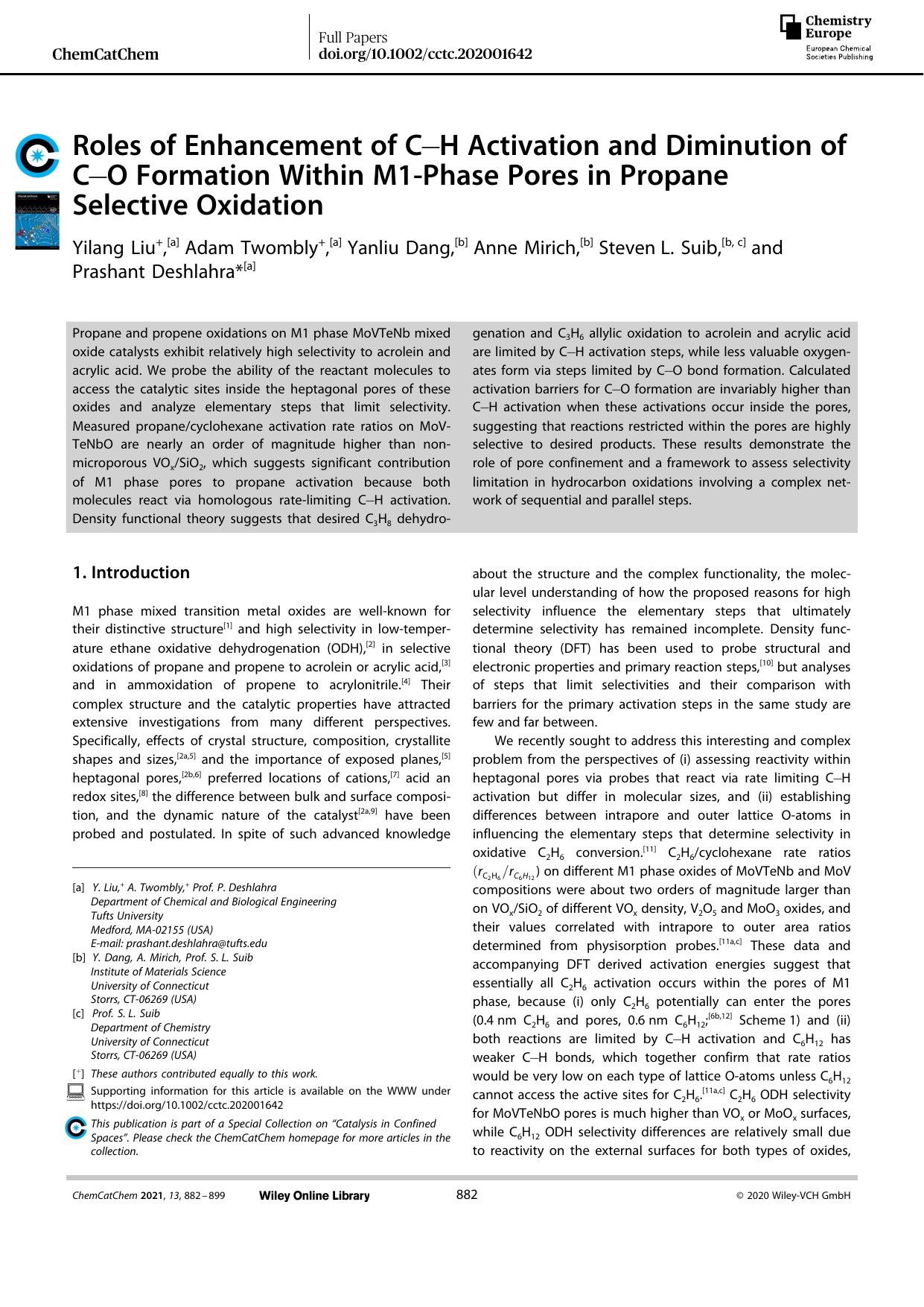 Roles of Enhancement of CâH Activation and Diminution of CâO Formation Within M1âPhase Pores in Propane Selective Oxidation by Unknown