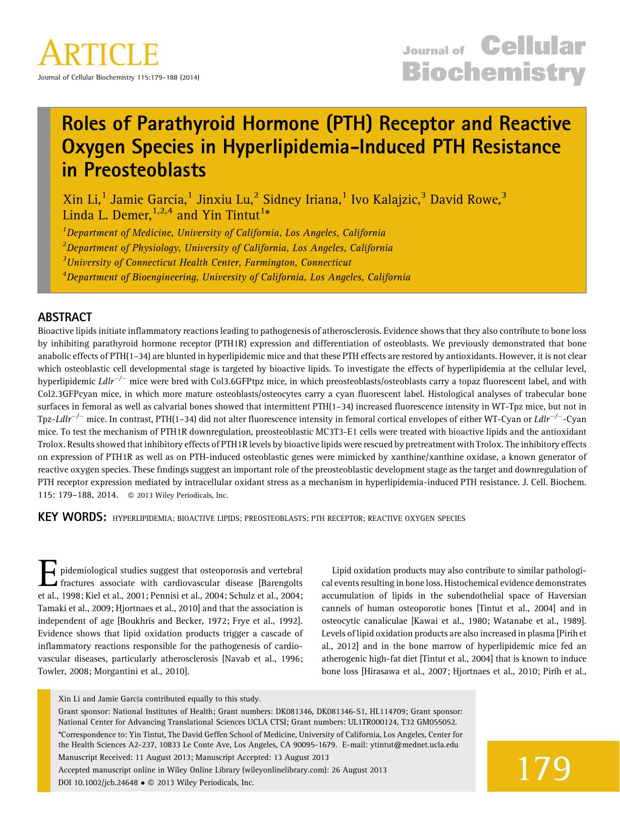Roles of Parathyroid Hormone (PTH) Receptor and Reactive Oxygen Species in HyperlipidemiaInduced PTH Resistance in Preosteoblasts by Unknown