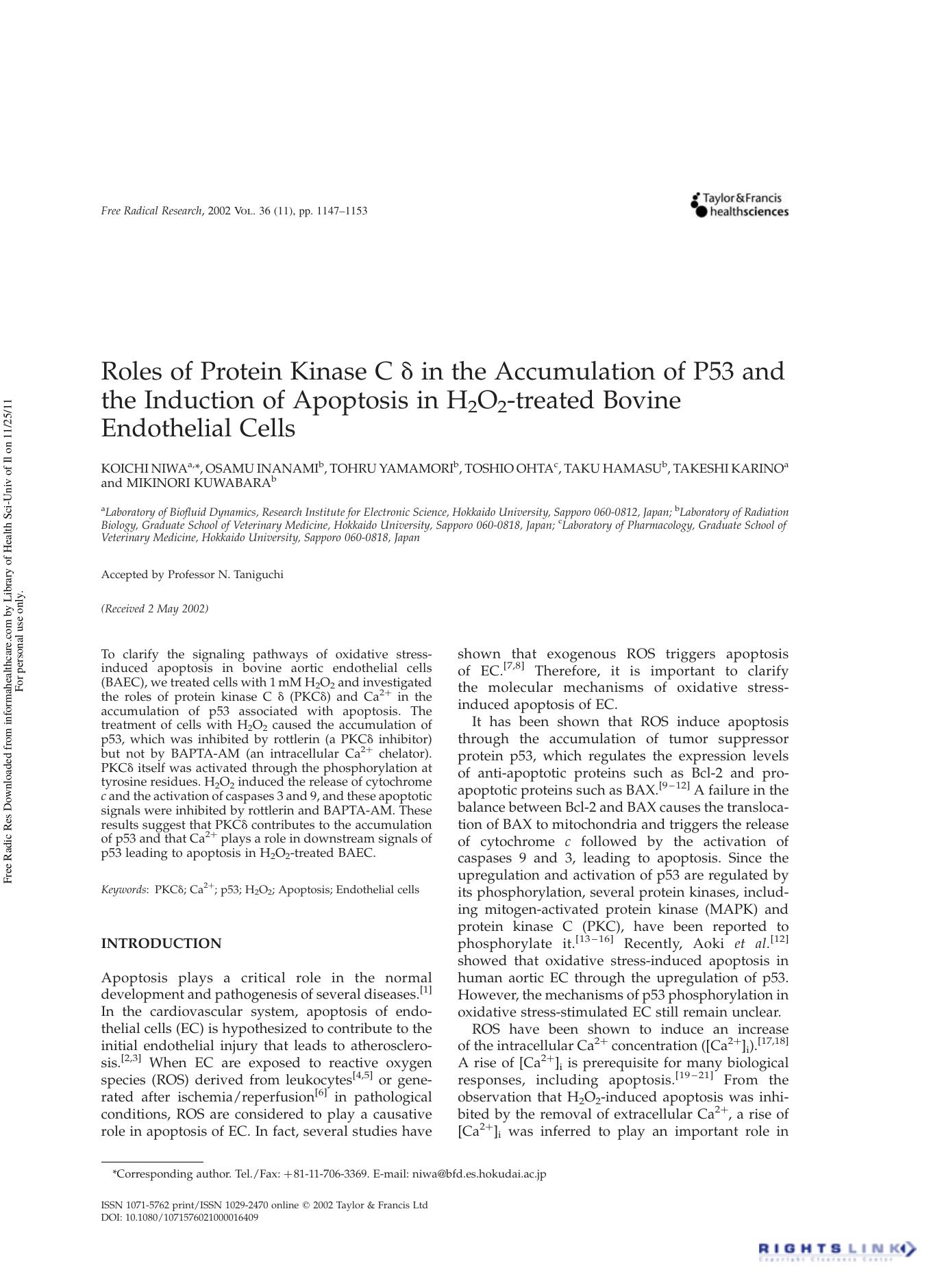 Roles of Protein Kinase C Î´ in the Accumulation of P53 and the Induction of Apoptosis in H 2 O 2 -treated Bovine Endothelial Cells by unknow