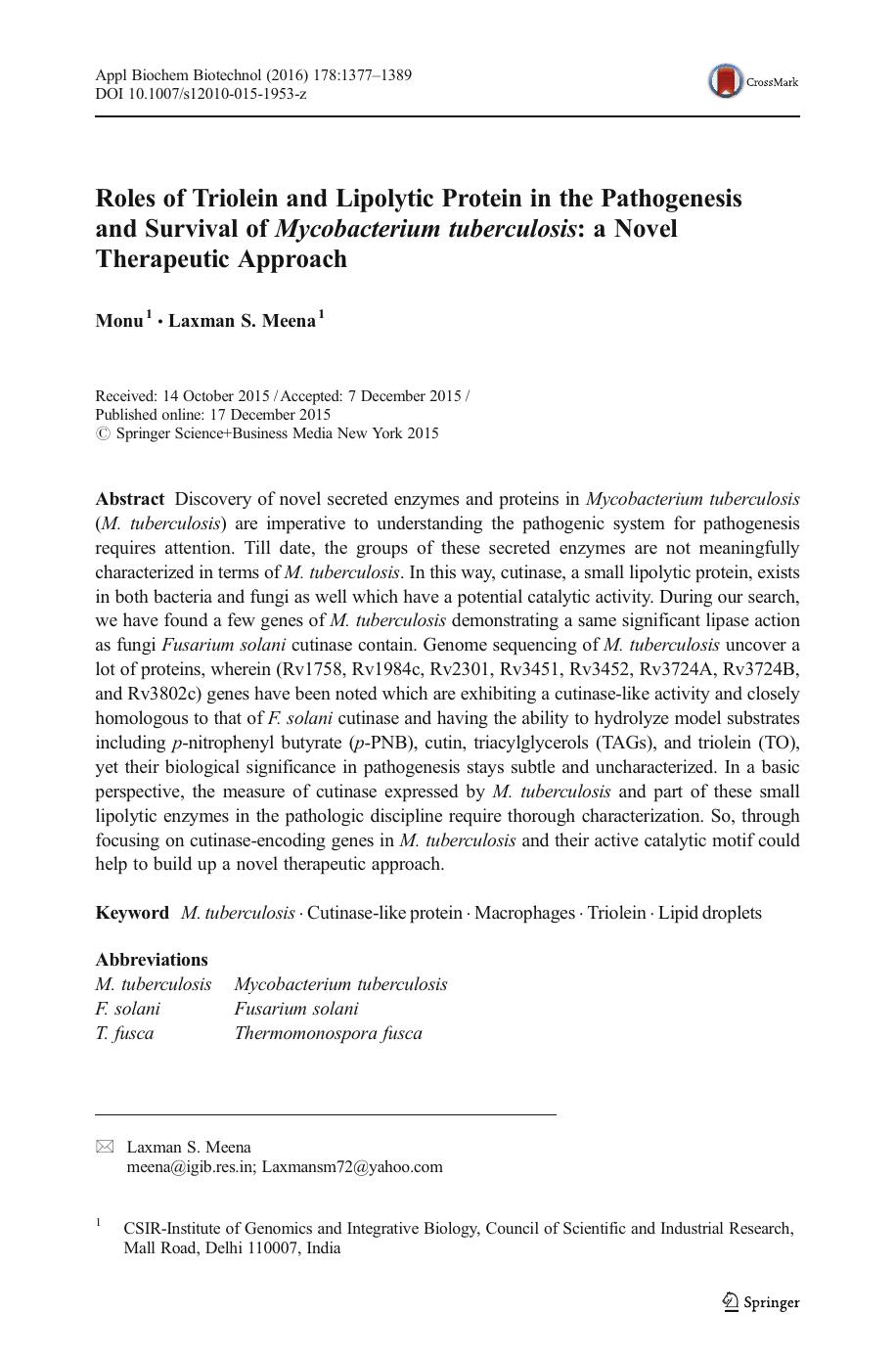 Roles of Triolein and Lipolytic Protein in the Pathogenesis and Survival of Mycobacterium tuberculosis: a Novel Therapeutic Approach by Monu & Laxman S. Meena