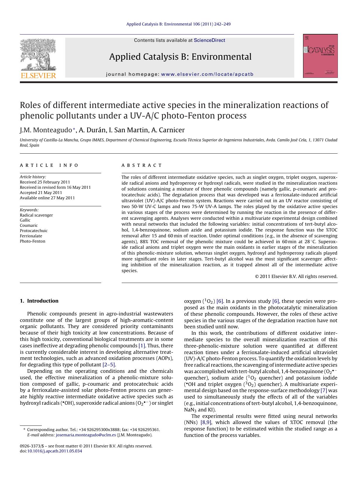 Roles of different intermediate active species in the mineralization reactions of phenolic pollutants under a UV-AC photo-Fenton process by J.M. Monteagudo