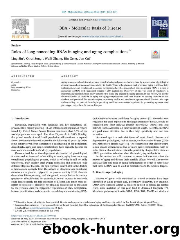 Roles of long noncoding RNAs in aging and aging complications by Ling Jin & Qirui Song & Weili Zhang & Bin Geng & Jun Cai