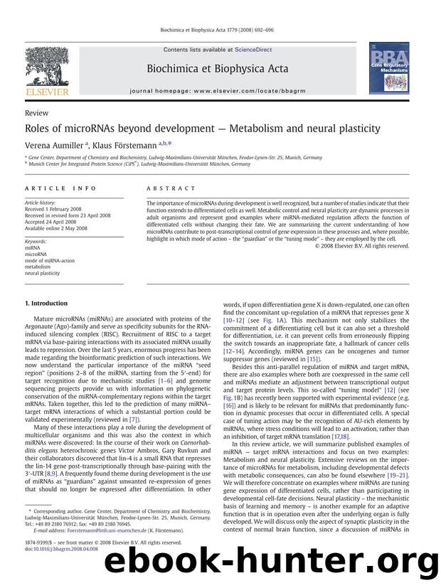 Roles of microRNAs beyond development â Metabolism and neural plasticity by Verena Aumiller; Klaus Förstemann
