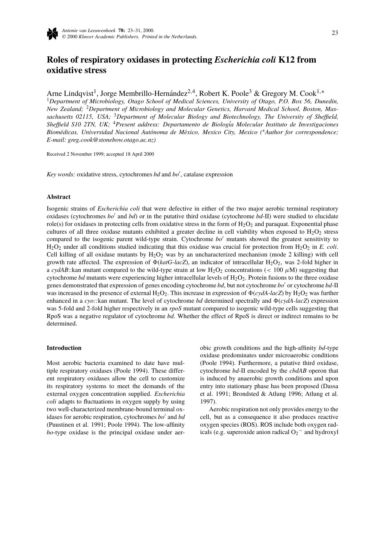 Roles of respiratory oxidases in protecting <Emphasis Type="Italic">Escherichia coli<Emphasis> K12 from oxidative stress by Unknown