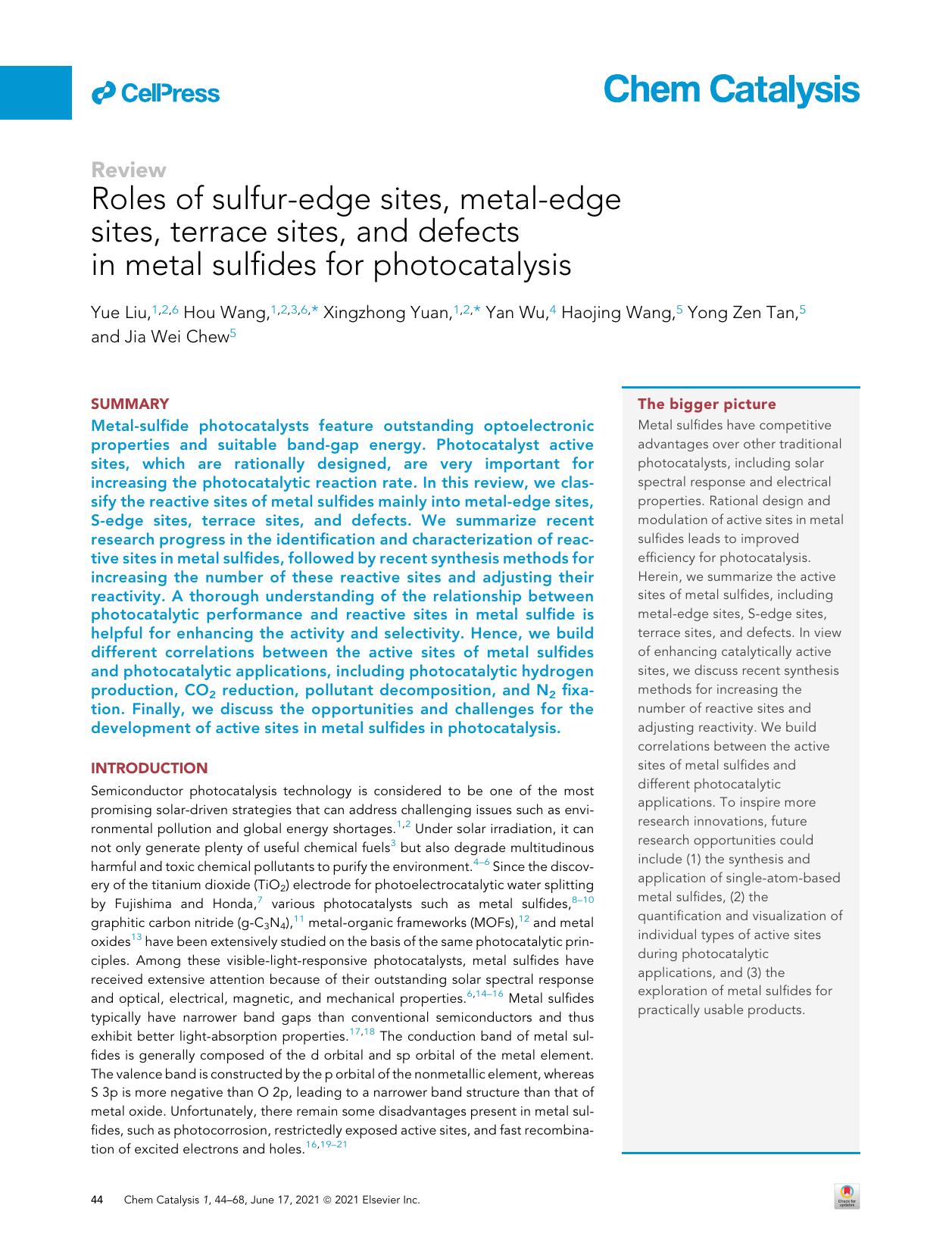 Roles of sulfur-edge sites, metal-edge sites, terrace sites, and defects in metal sulfides for photocatalysis by Yue Liu