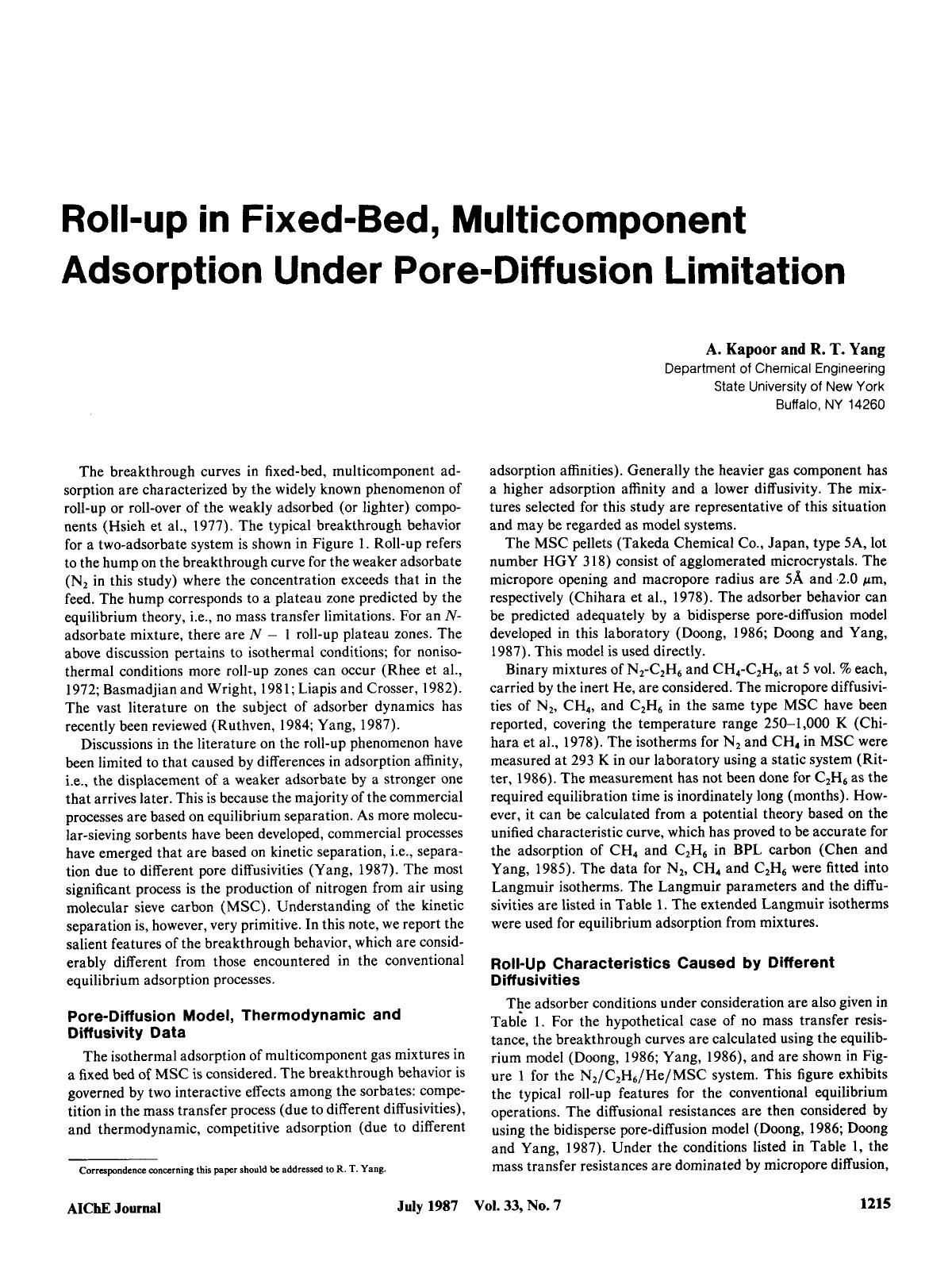 Roll-up in fixed-bed, multicomponent adsorption under pore-diffusion limitation by Unknown