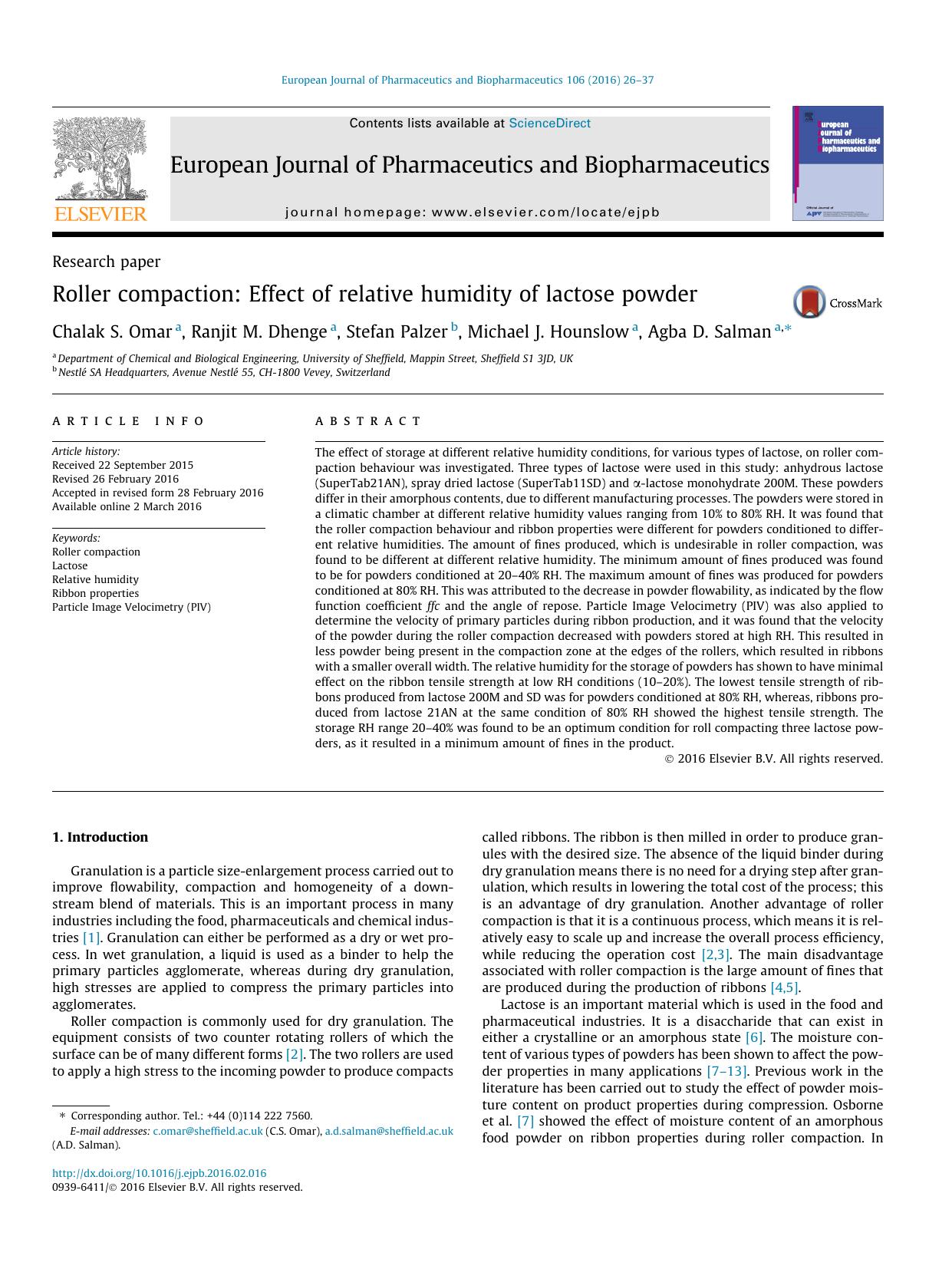 Roller compaction: Effect of relative humidity of lactose powder by Chalak S. Omar & Ranjit M. Dhenge & Stefan Palzer & Michael J. Hounslow & Agba D. Salman