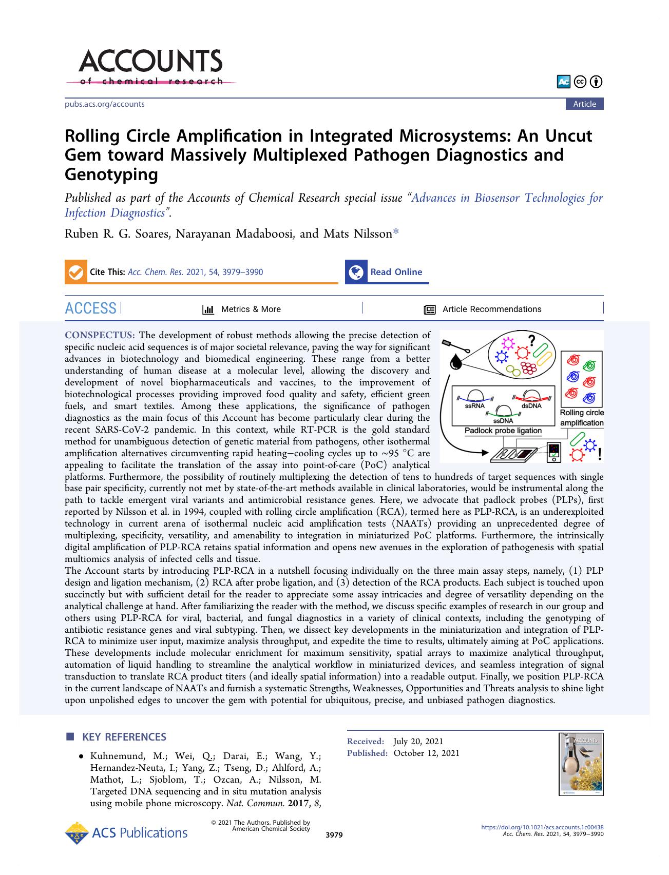 Rolling Circle Amplification in Integrated Microsystems: An Uncut Gem toward Massively Multiplexed Pathogen Diagnostics and Genotyping by Ruben R. G. Soares Narayanan Madaboosi and Mats Nilsson