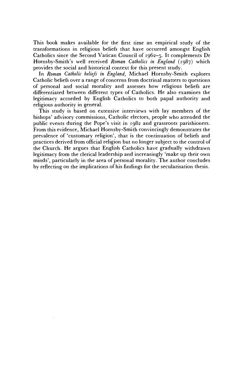 Roman Catholic Beliefs in England: Customary Catholicism and Transformations of Religious Authority by Michael P. Hornsby-Smith