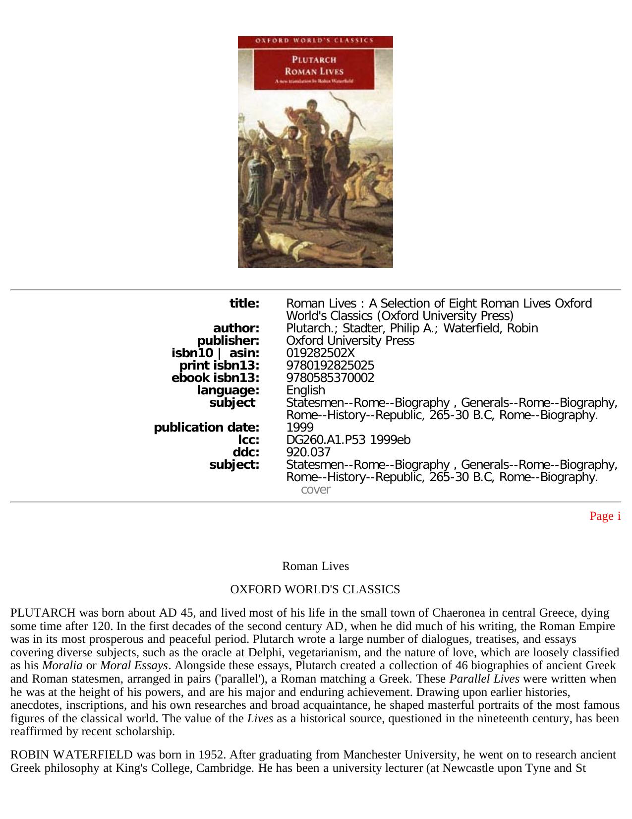 Roman Lives: A Selection of Eight Lives (Oxford World's Classics) by Plutarch; Philip A. Stadter Robin Waterfield (trans.)