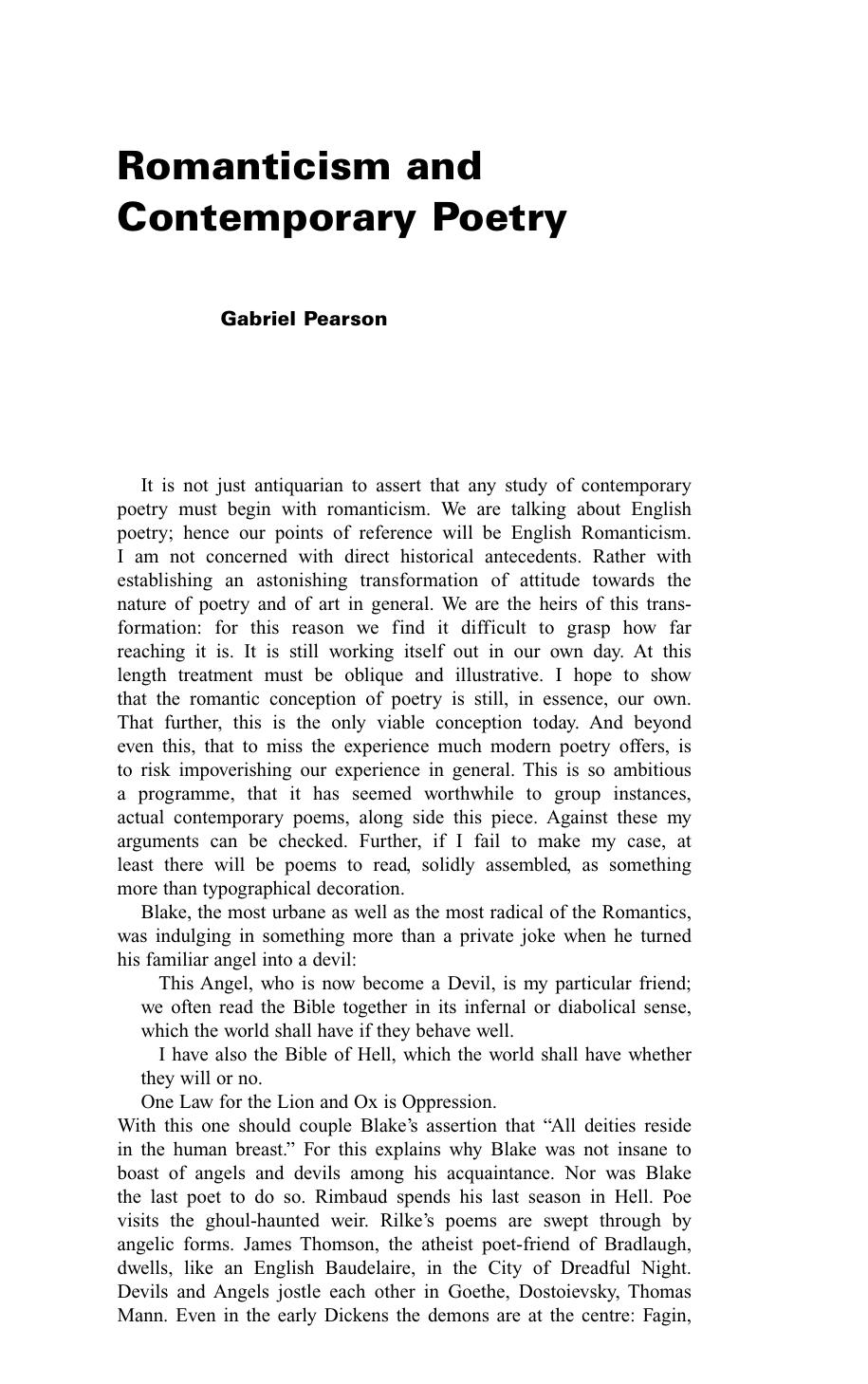 Romanticism and Contemporary Poetry by Gabriel Pearson