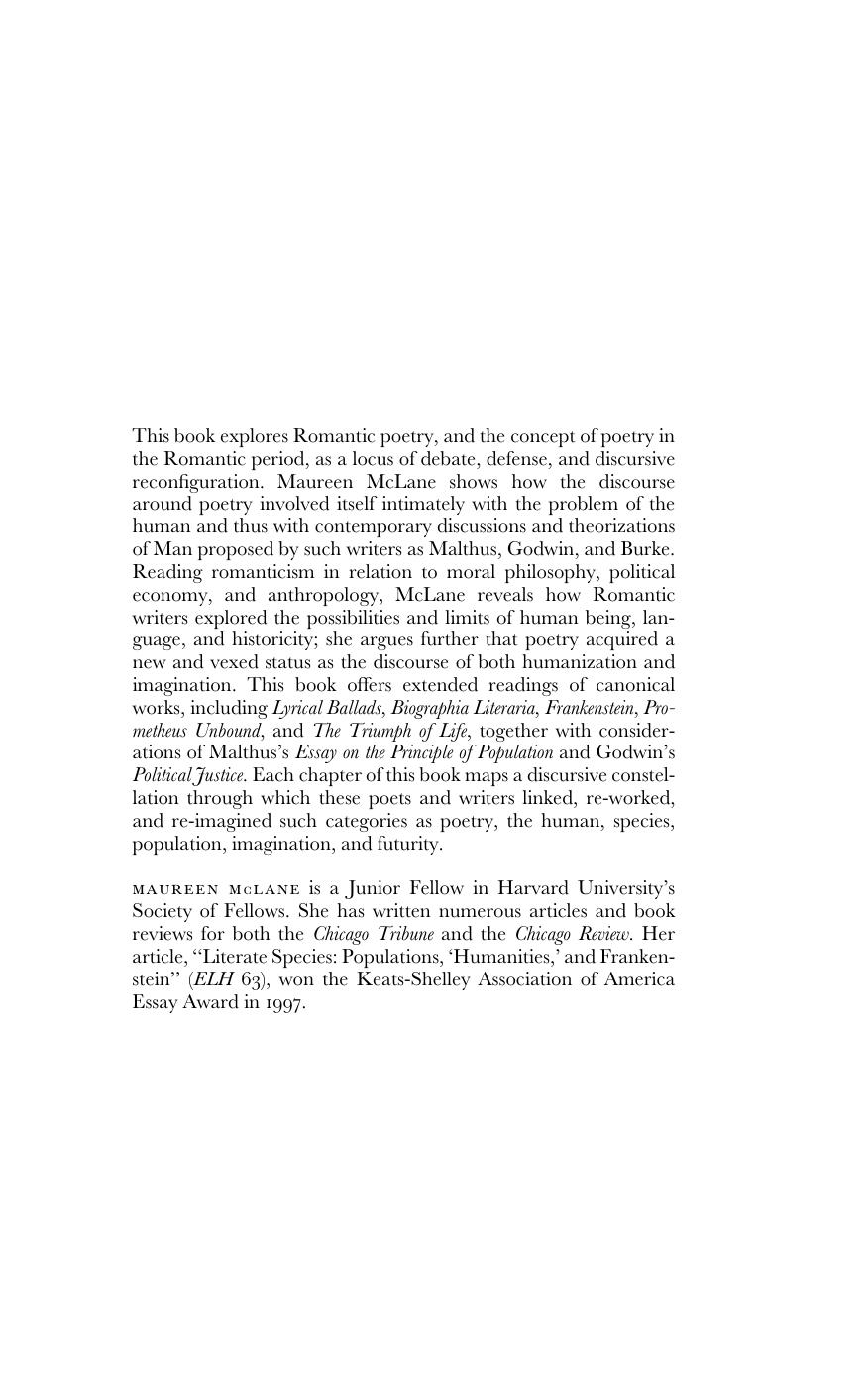 Romanticism and the Human Sciences: Poetry, Population, and the Discourse of the Species by Maureen N. McLane