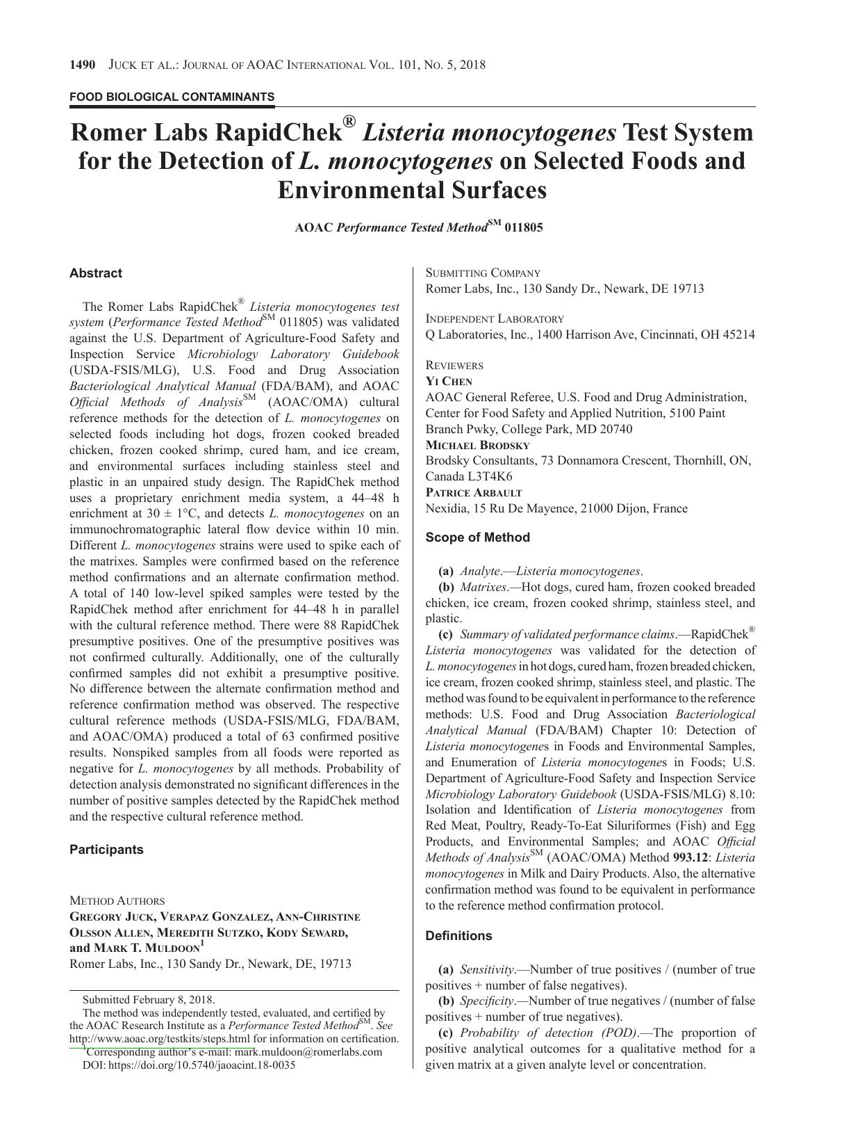 Romer Labs RapidChek<sup>ÃÂ®<sup> <i>Listeria monocytogenes<i> Test System for the Detection of <i>L. monocytogenes<i> on Selected Foods and Environmental Surfaces by unknow