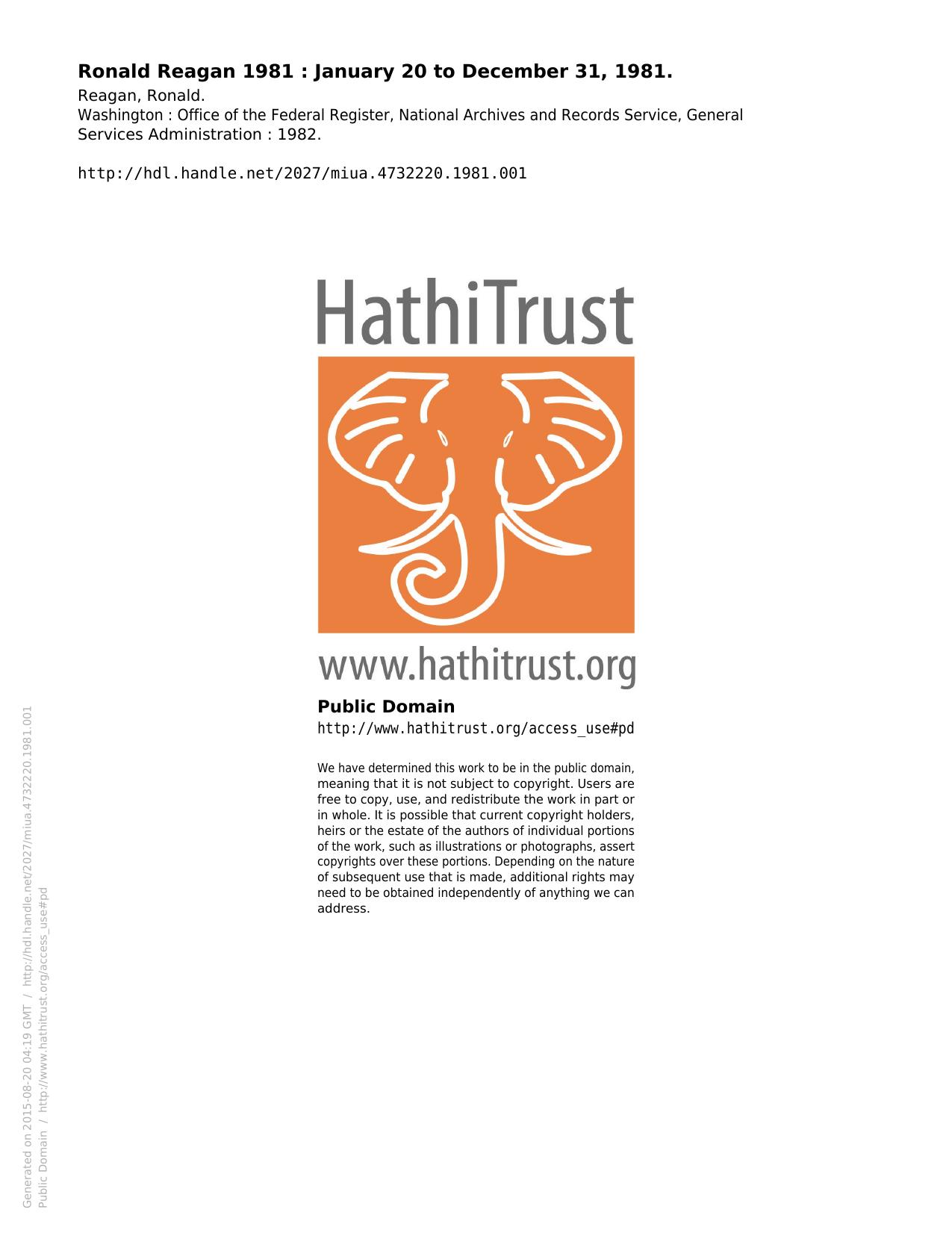 Ronald Reagan 1981 : January 20 to December 31, 1981. by Reagan Ronald