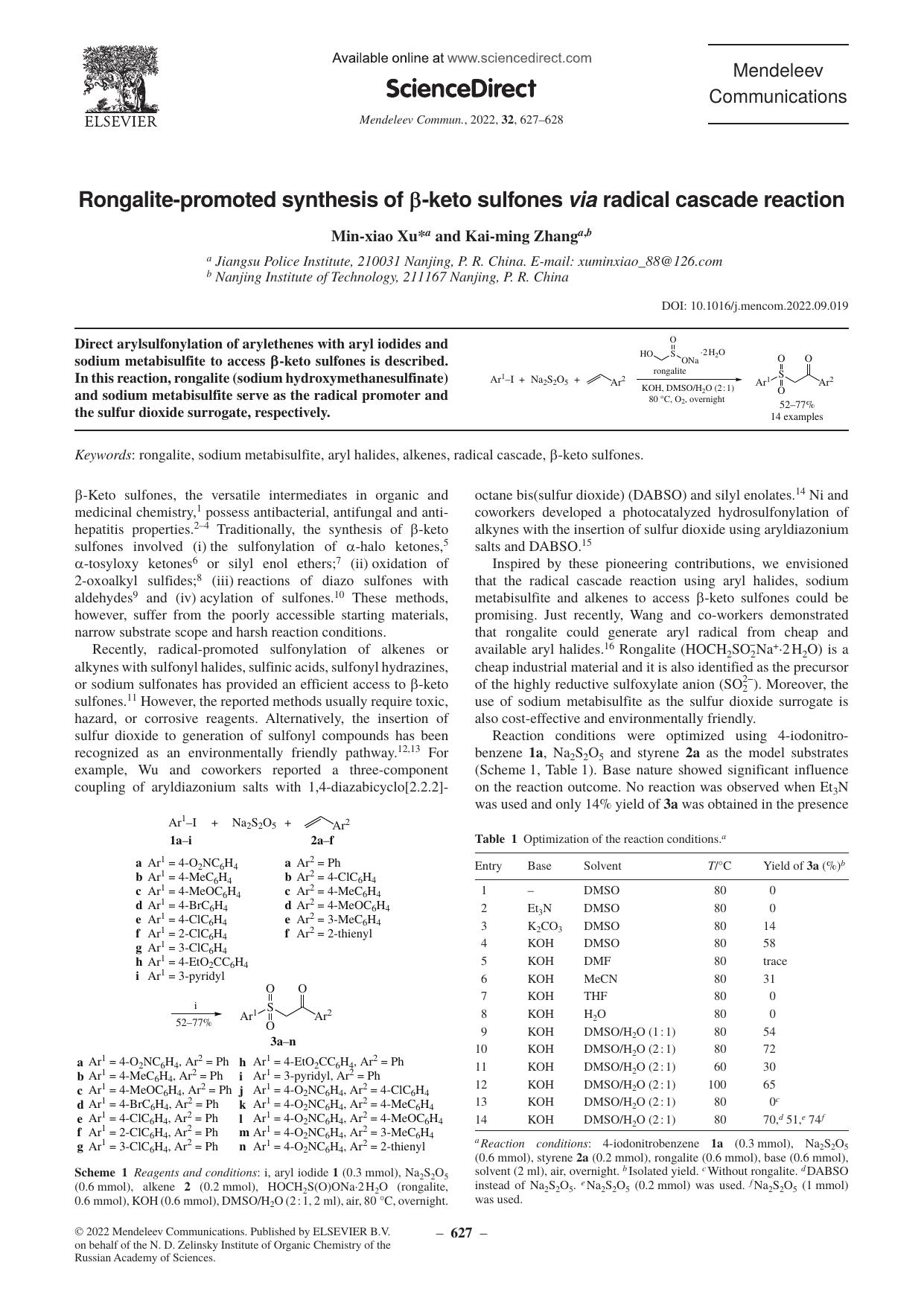 Rongalite-promoted synthesis of Î²-keto sulfones via radical cascade reaction by Min-xiao Xu & Kai-ming Zhang