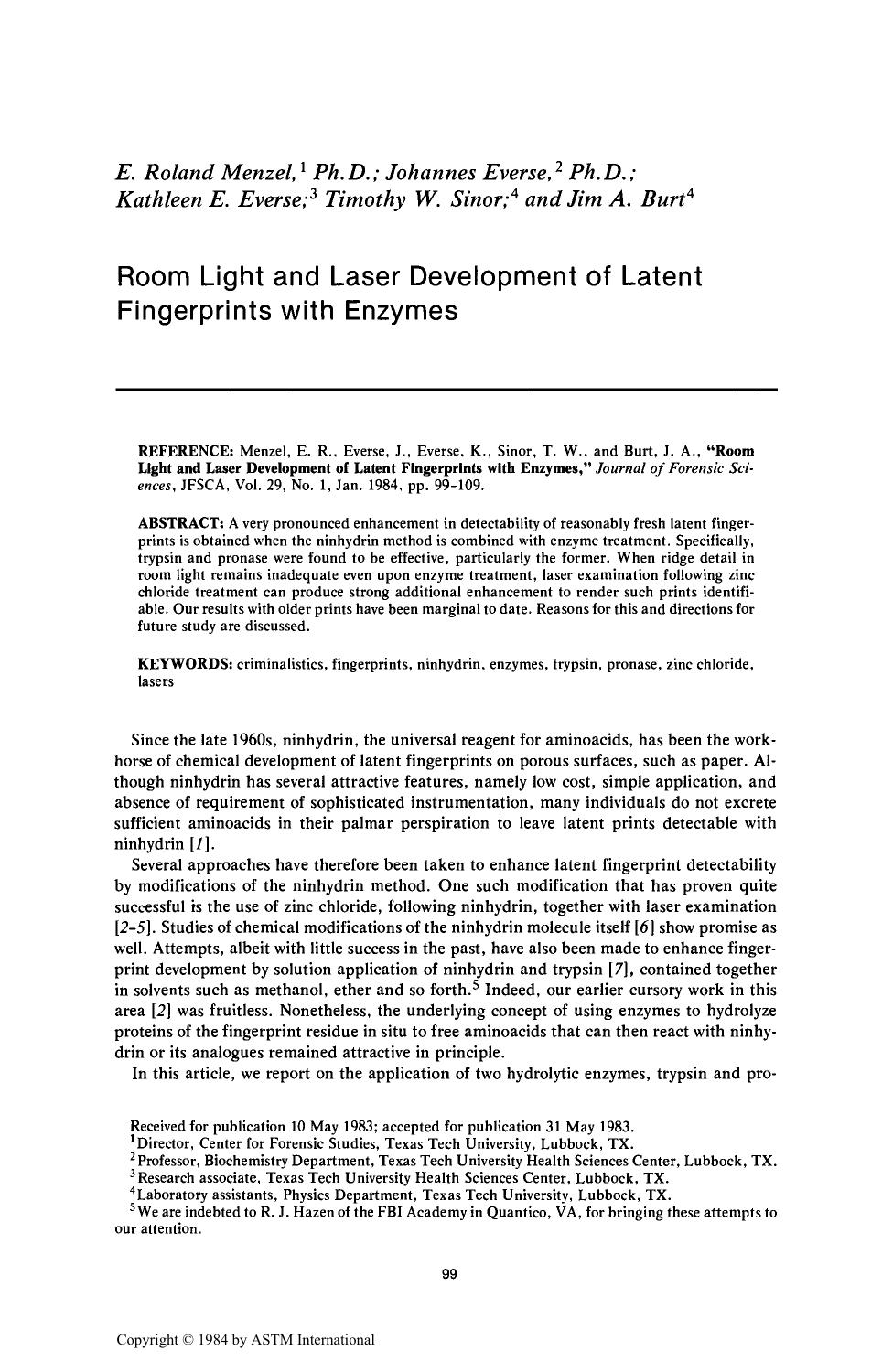 Room Light and Laser Development of Latent Fingerprints with Enzymes by Menzel ER Everse J Everse K Sinor TW Burt JA