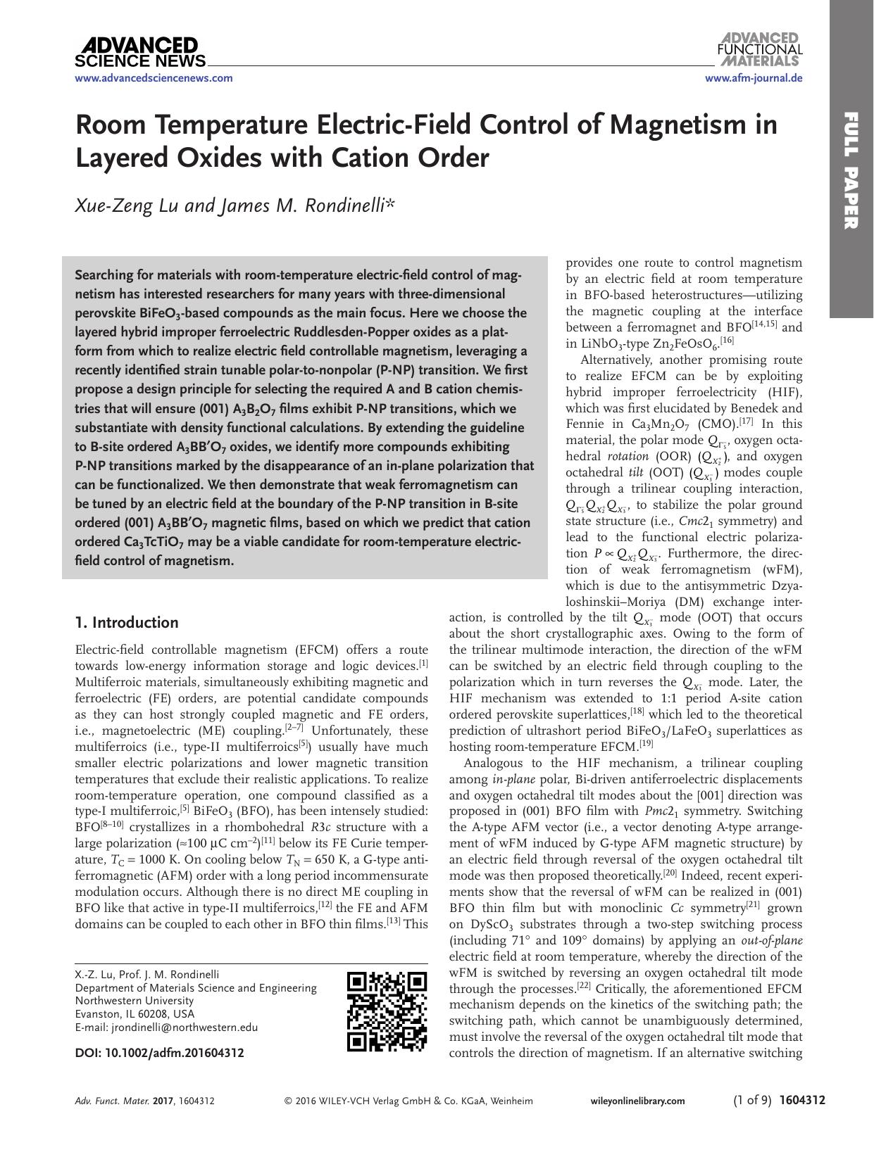 Room Temperature Electric&#x02010;Field Control of Magnetism in Layered Oxides with Cation Order by Unknown