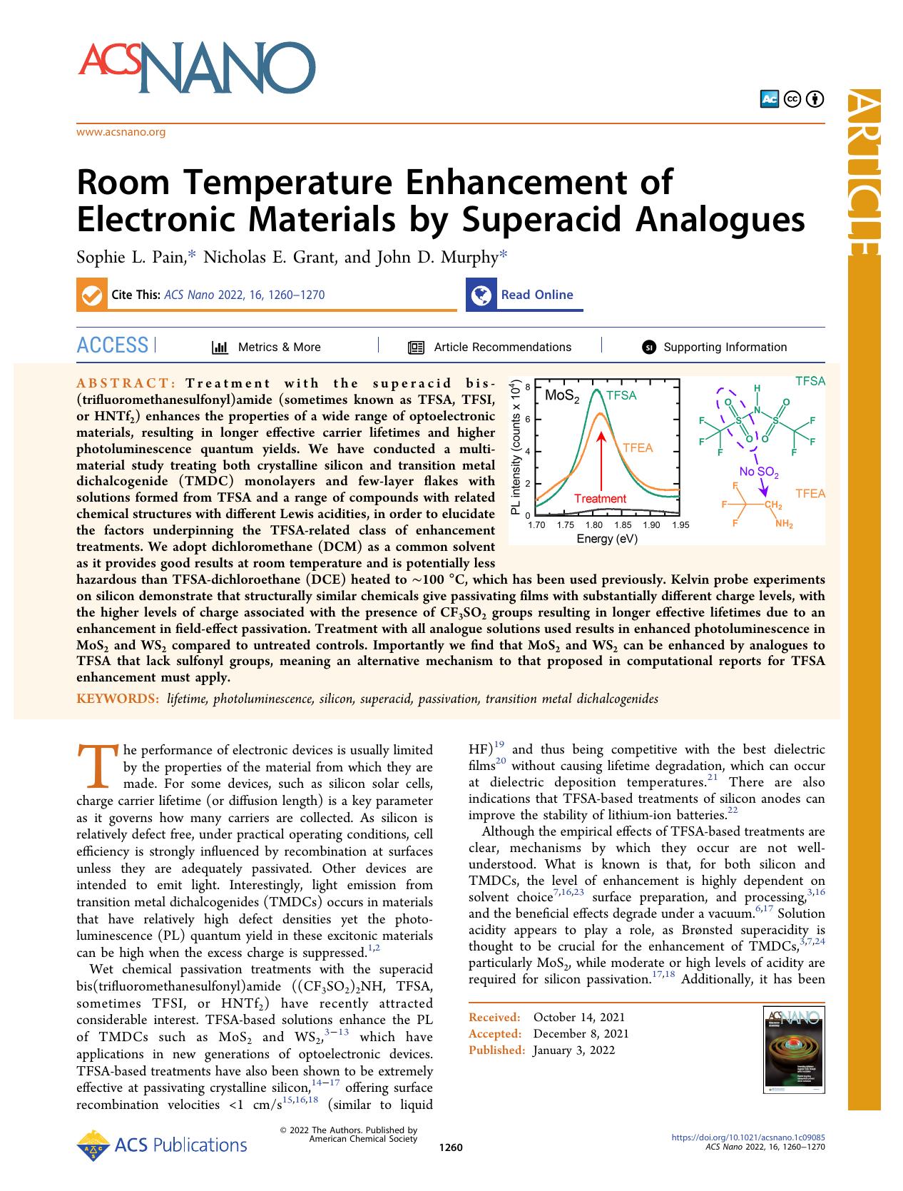 Room Temperature Enhancement of Electronic Materials by Superacid Analogues by Sophie L. Pain Nicholas E. Grant and John D. Murphy