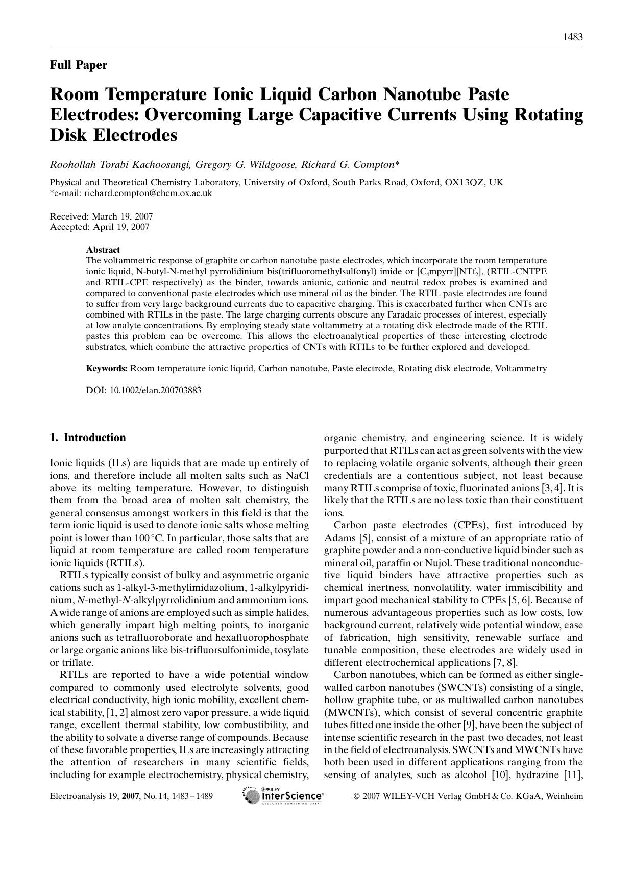 Room Temperature Ionic Liquid Carbon Nanotube Paste Electrodes: Overcoming Large Capacitive Currents Using Rotating Disk Electrodes by Unknown