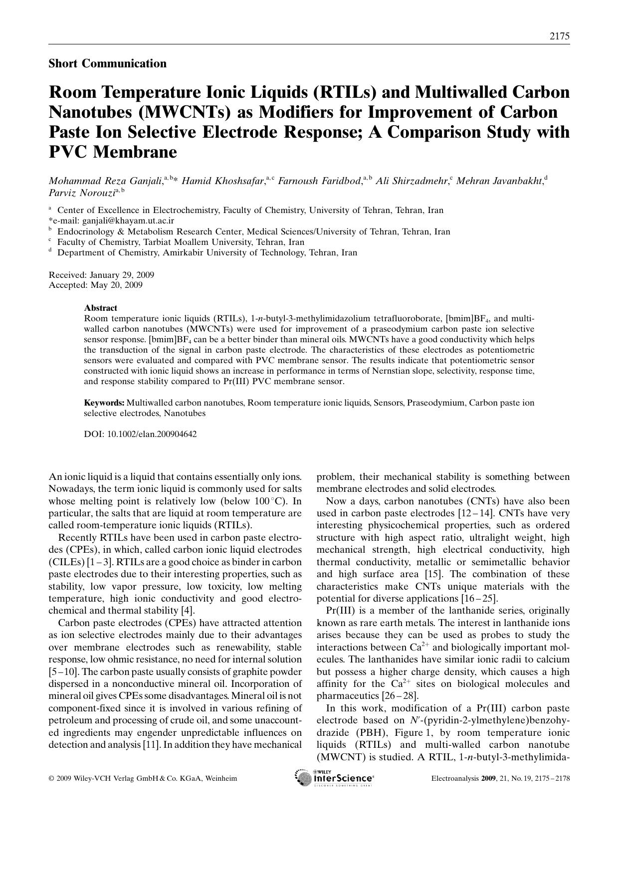 Room Temperature Ionic Liquids (RTILs) and Multiwalled Carbon Nanotubes (MWCNTs) as Modifiers for Improvement of Carbon Paste Ion Selective Electrode Response; A Comparison Study with PVC Membrane by Unknown