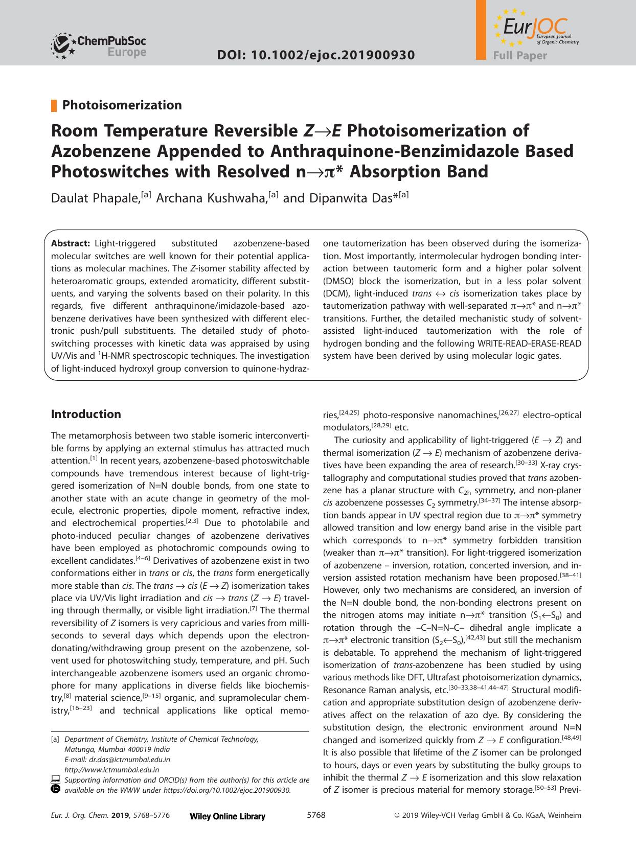 Room Temperature Reversible <i>Z<i>&#x02192;<i>E<i> Photoisomerization of Azobenzene Appended to Anthraquinone&#x02010;Benzimidazole Based Photoswitches with Resolved n&#x02192;&#x by Unknown