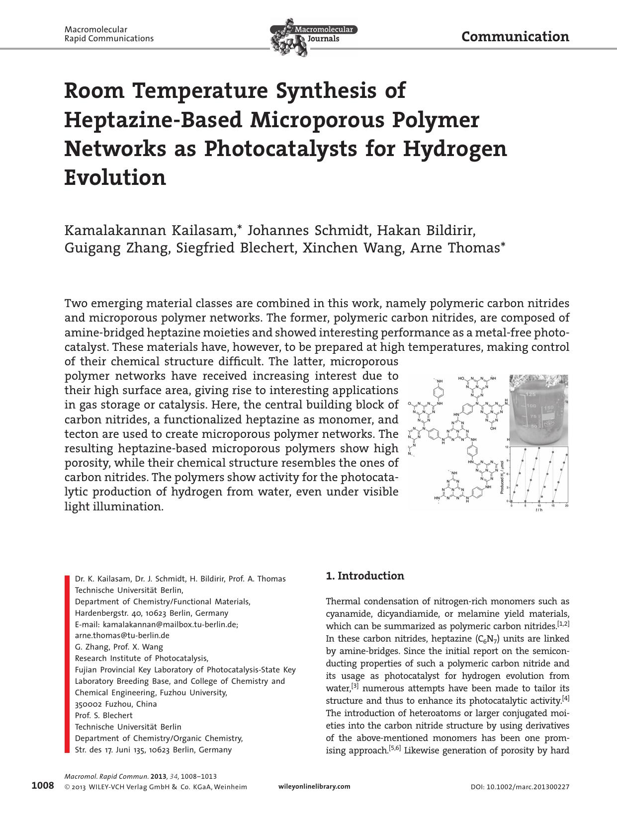 Room Temperature Synthesis of HeptazineBased Microporous Polymer Networks as Photocatalysts for Hydrogen Evolution by wbpm