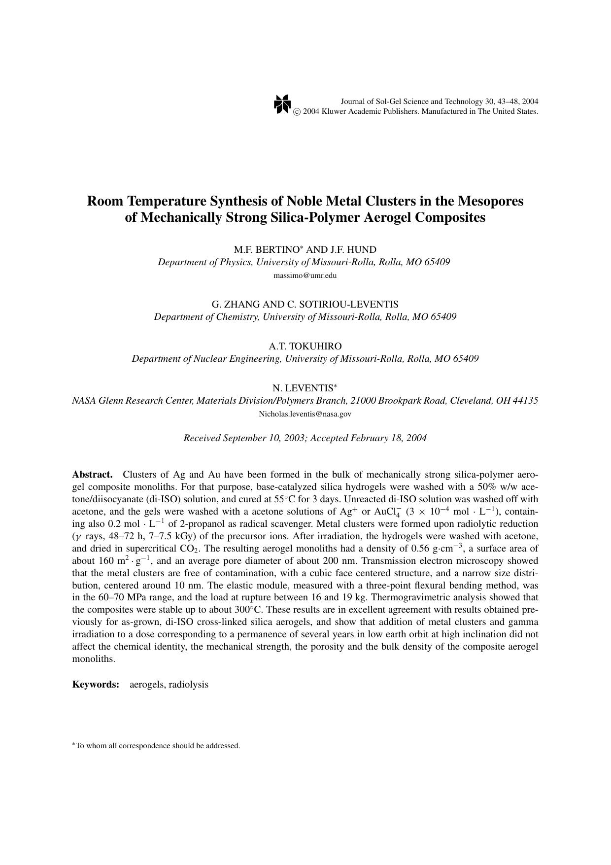 Room Temperature Synthesis of Noble Metal Clusters in the Mesopores of Mechanically Strong Silica-Polymer Aerogel Composites by Unknown