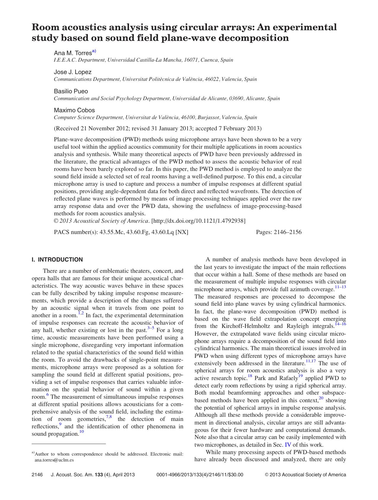 Room acoustics analysis using circular arrays: An experimental study based on sound field plane-wave decomposition by Ana M. Torresa) Jose J. Lopez Basilio Pueo and Maximo Cobos