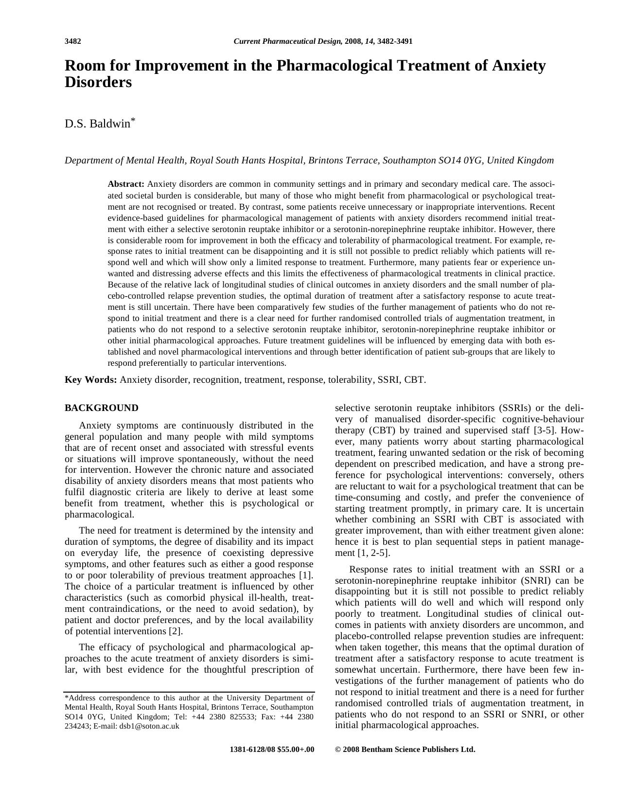 Room for Improvement in the Pharmacological Treatment of Anxiety Disorders by D. S. Baldwin