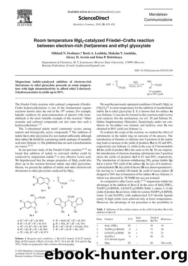 Room temperature MgI2-catalyzed FriedelâCrafts reaction between electron-rich (het)arenes and ethyl glyoxylate by Mikhail N. Feofanov & Boris A. Lozhkin & Maksim V. Anokhin & Alexey D. Averin & Irina P. Beletskaya