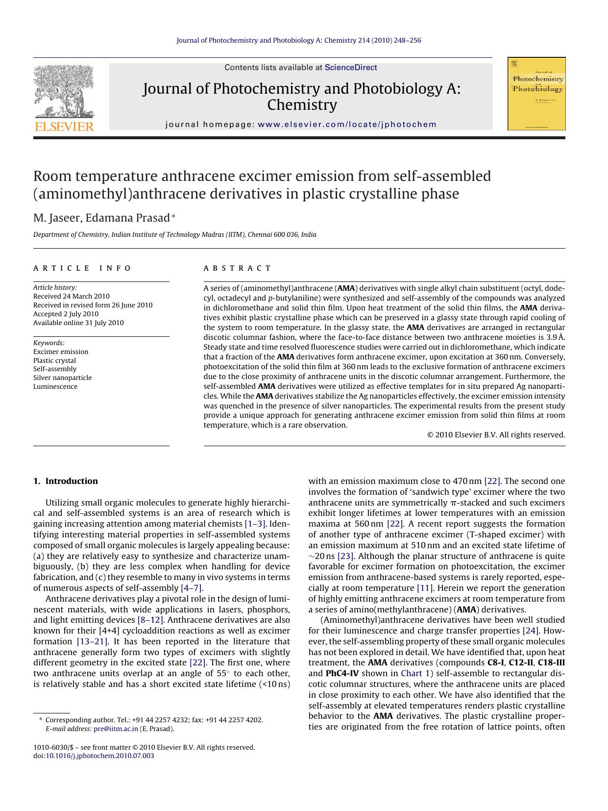 Room temperature anthracene excimer emission from self-assembled (aminomethyl)anthracene derivatives in plastic crystalline phase by M. Jaseer