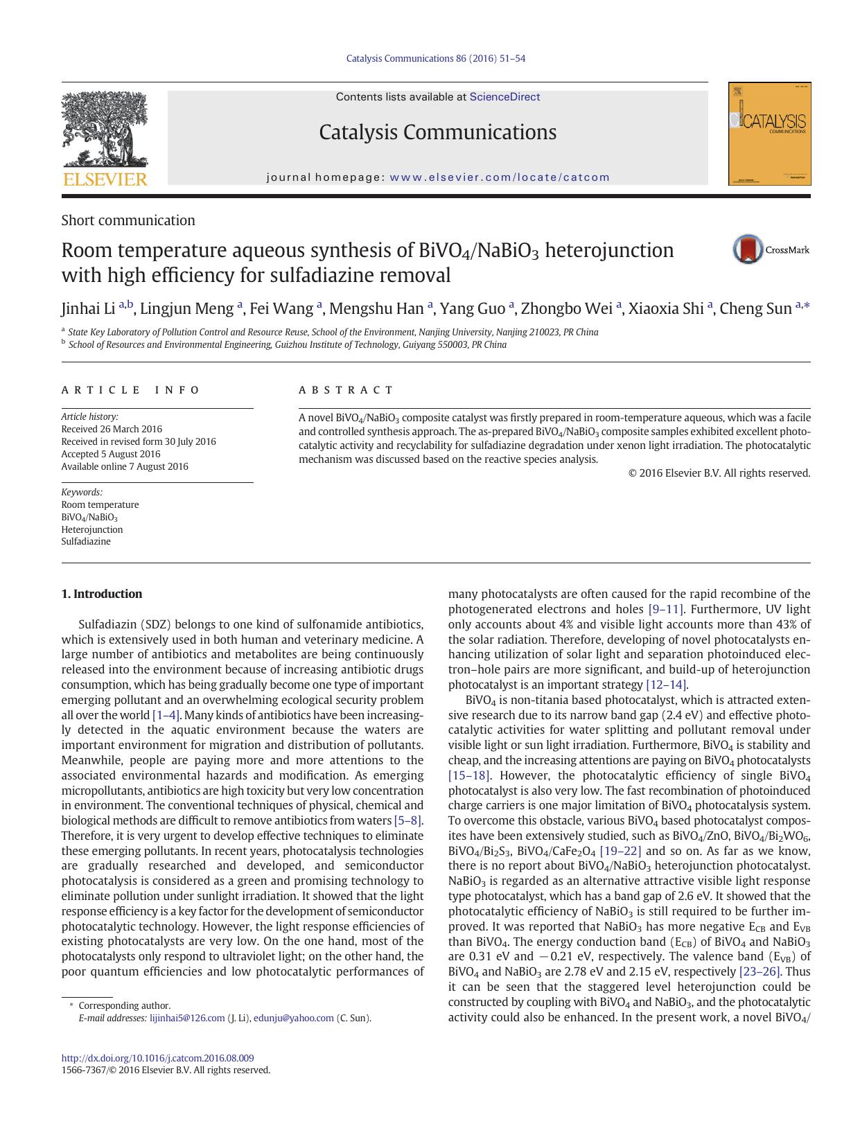 Room temperature aqueous synthesis of BiVO4NaBiO3 heterojunction with high efficiency for sulfadiazine removal by Jinhai Li & Lingjun Meng & Fei Wang & Mengshu Han & Yang Guo & Zhongbo Wei & Xiaoxia Shi & Cheng Sun