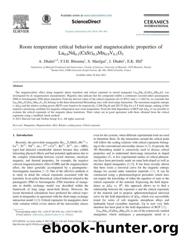 Room temperature critical behavior and magnetocaloric properties of La0.6Nd0.1(CaSr)0.3Mn0.9V0.1O3 by A. Dhahri & F.I.H. Rhouma & S. Mnefgui & J. Dhahri & E.K. Hlil