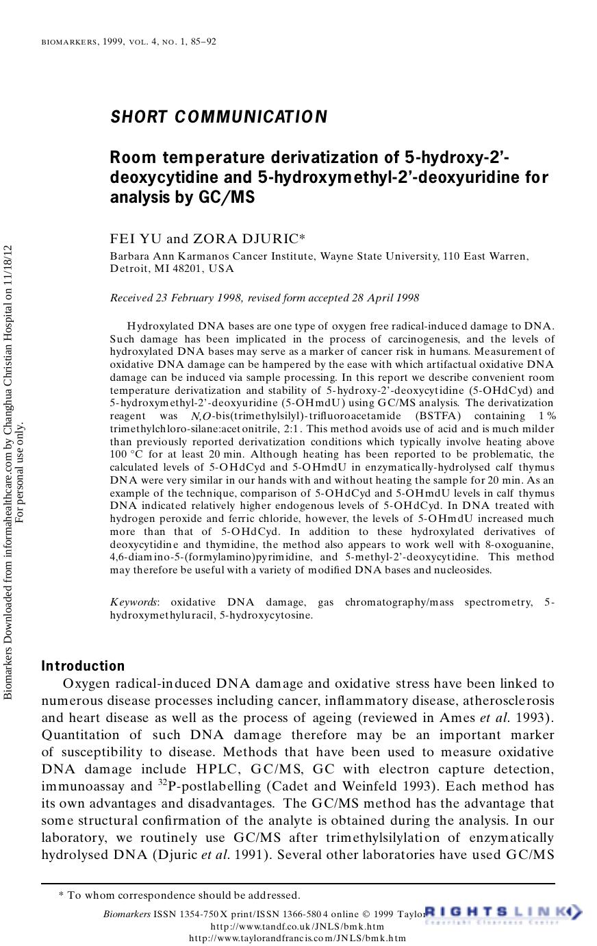Room temperature derivatization of 5-hydroxy-2'- deoxycytidine and 5-hydroxymethyl-2'-deoxyuridine for analysis by GCMS by FEI YU