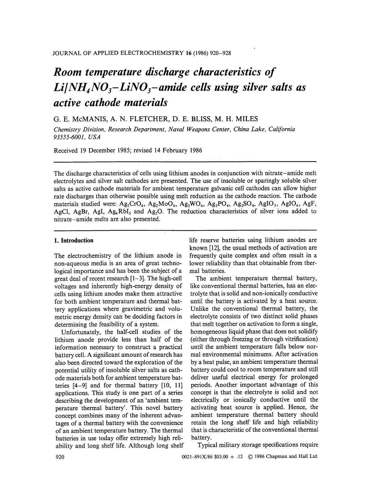 Room temperature discharge characteristics of LiNH <Subscript>4 <Subscript>NO <Subscript>3 <Subscript>&#x2212;LiNO <Subscript>3 <Subscript>-amide cells using silver salts as active cathode materials by Unknown