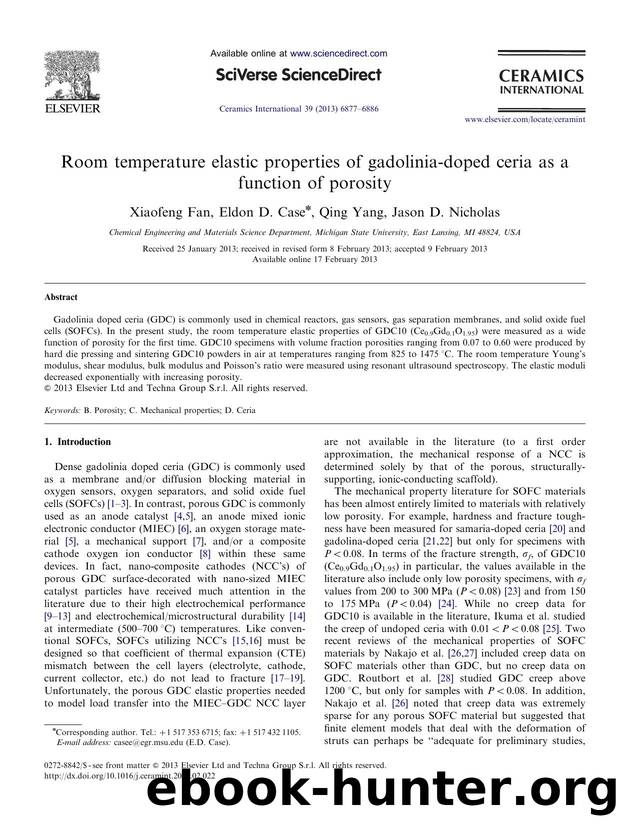 Room temperature elastic properties of gadolinia-doped ceria as a function of porosity by Xiaofeng Fan & Eldon D. Case & Qing Yang & Jason D. Nicholas
