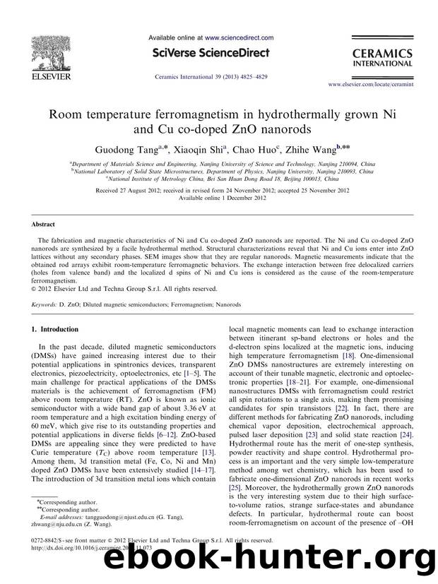 Room temperature ferromagnetism in hydrothermally grown Ni and Cu co-doped ZnO nanorods by Guodong Tang & Xiaoqin Shi & Chao Huo & Zhihe Wang