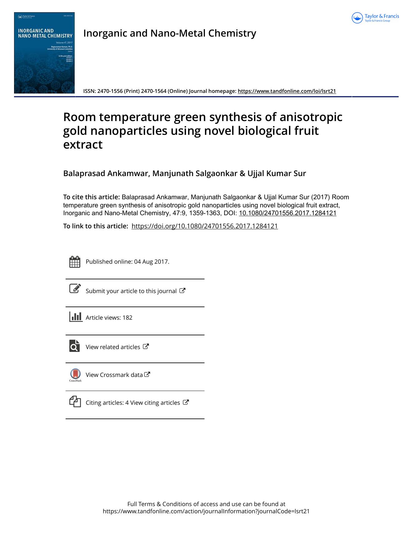 Room temperature green synthesis of anisotropic gold nanoparticles using novel biological fruit extract by Balaprasad Ankamwar & Manjunath Salgaonkar & Ujjal Kumar Sur