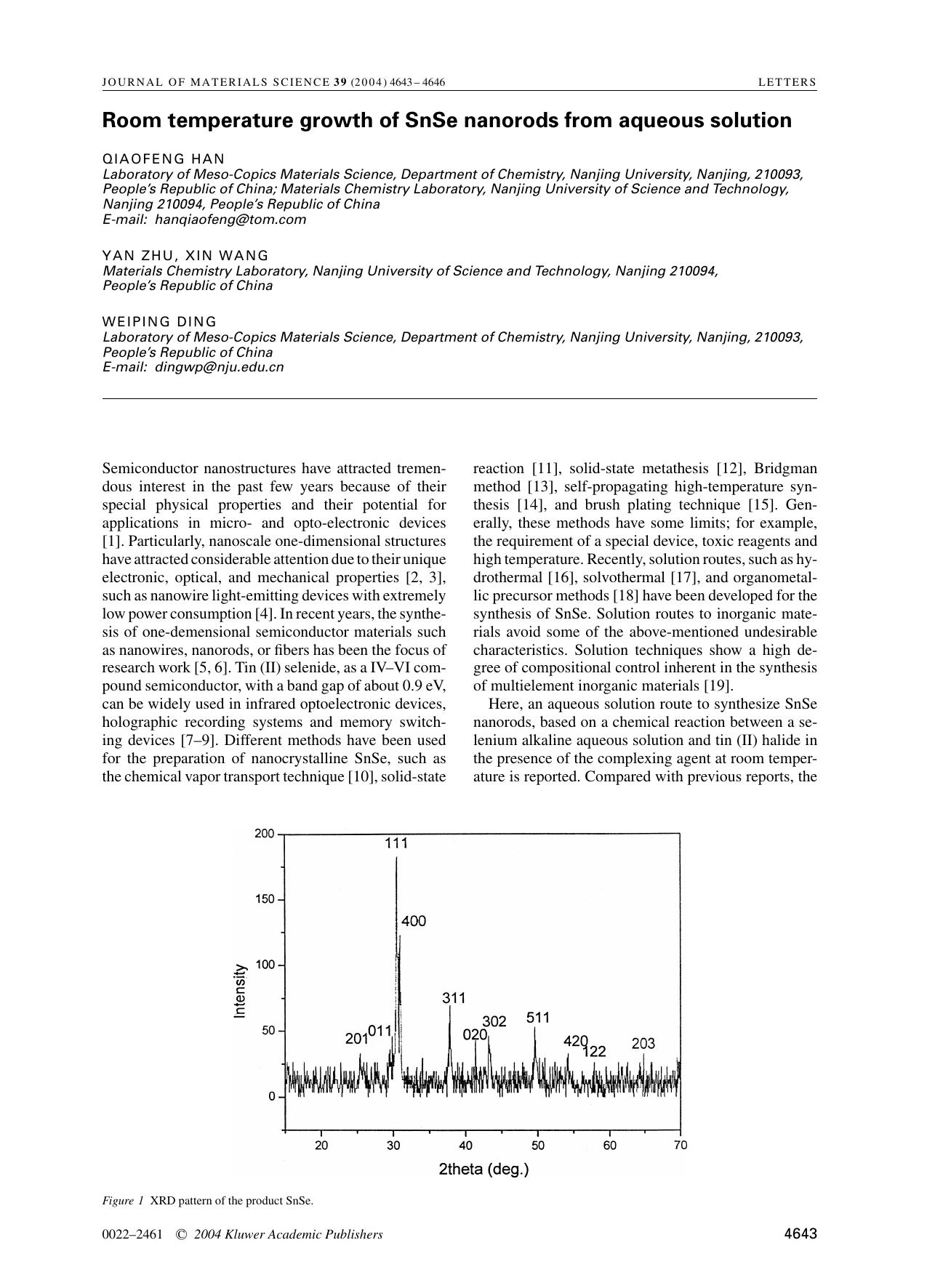 Room temperature growth of SnSe nanorods from aqueous solution by Unknown