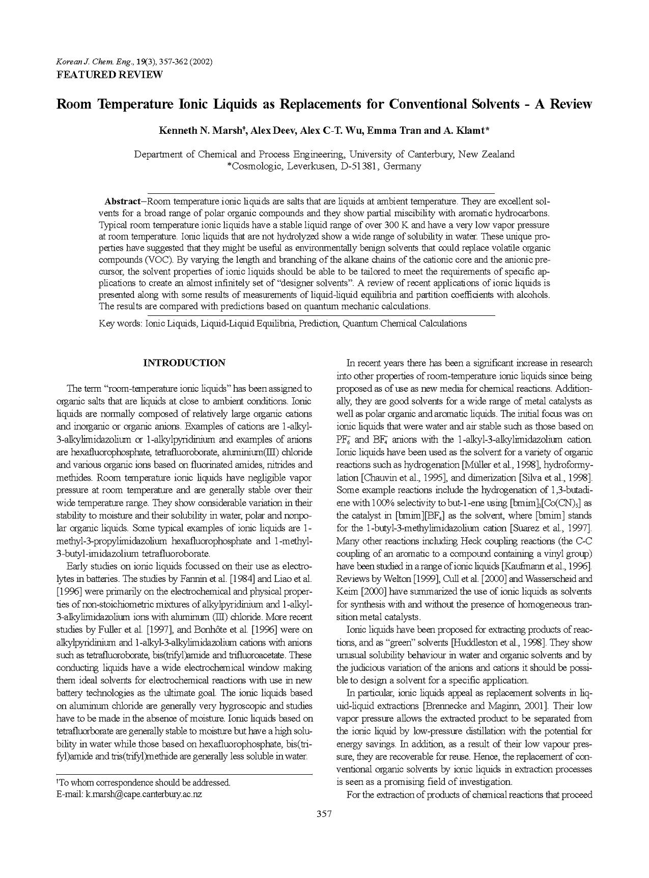 Room temperature ionic liquids as replacements for conventional solvents &#x2013; A review by Unknown