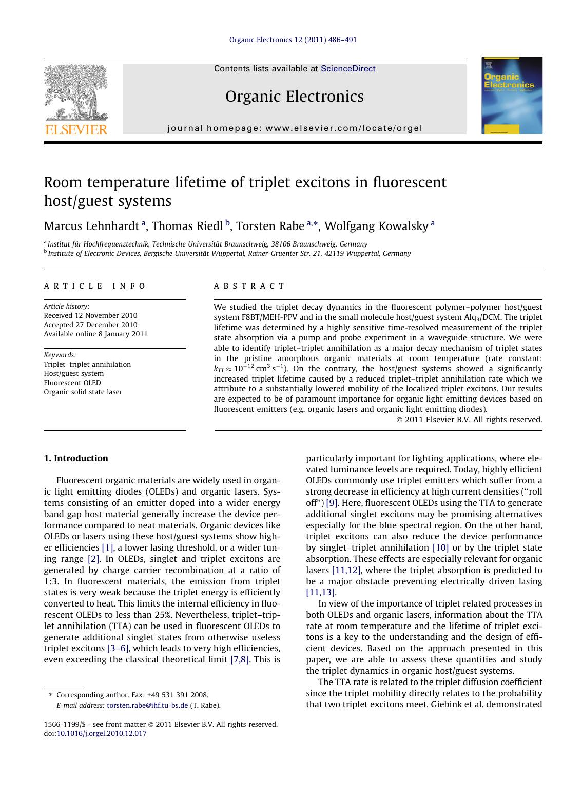 Room temperature lifetime of triplet excitons in fluorescent hostguest systems by Marcus Lehnhardt & Thomas Riedl & Torsten Rabe & Wolfgang Kowalsky