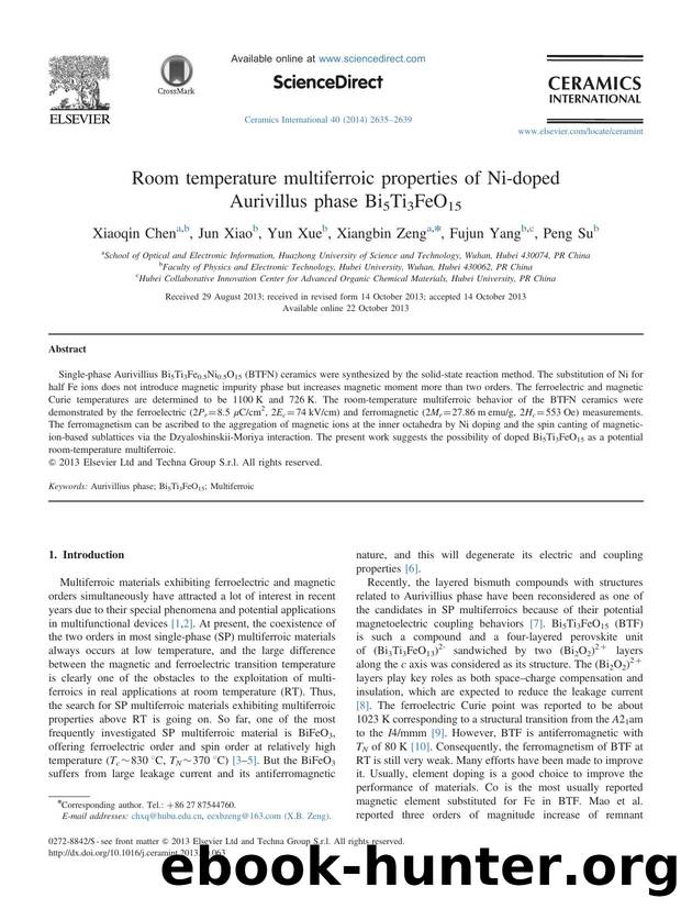 Room temperature multiferroic properties of Ni-doped Aurivillus phase Bi5Ti3FeO15 by Xiaoqin Chen & Jun Xiao & Yun Xue & Xiangbin Zeng & Fujun Yang & Peng Su