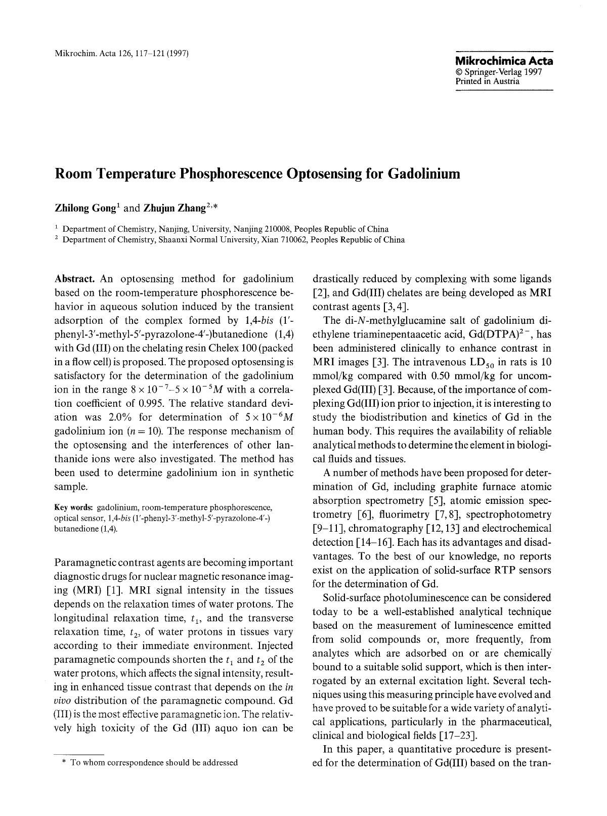 Room temperature phosphorescence optosensing for gadolinium by Unknown