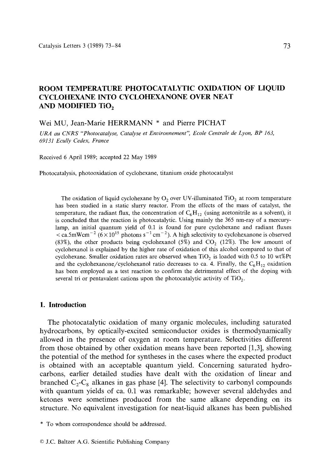 Room temperature photocatalytic oxidation of liquid cyclohexane into cyclohexanone over neat and modified TiO <Subscript>2 <Subscript> by Unknown
