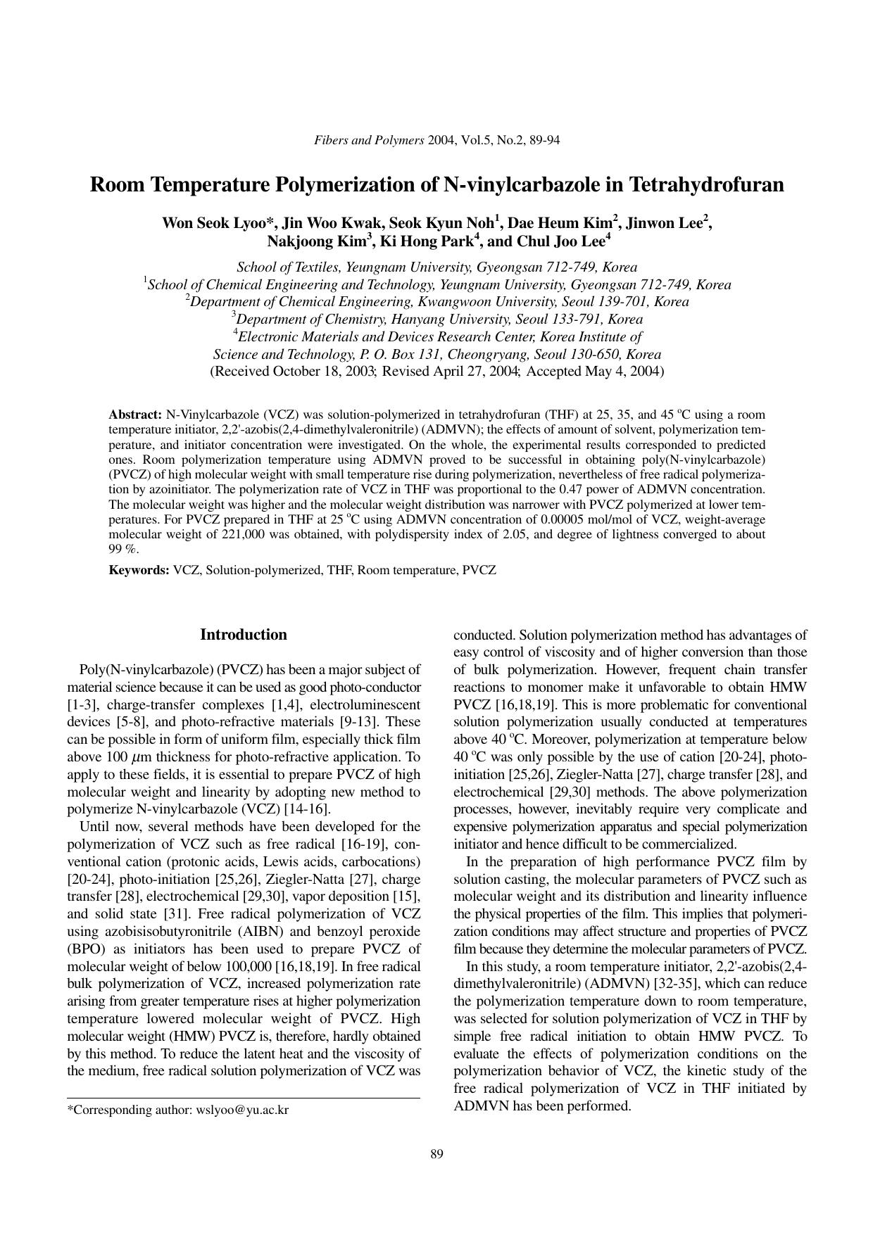 Room temperature polymerization of N-vinylcarbazole in tetrahydrofuran by Unknown