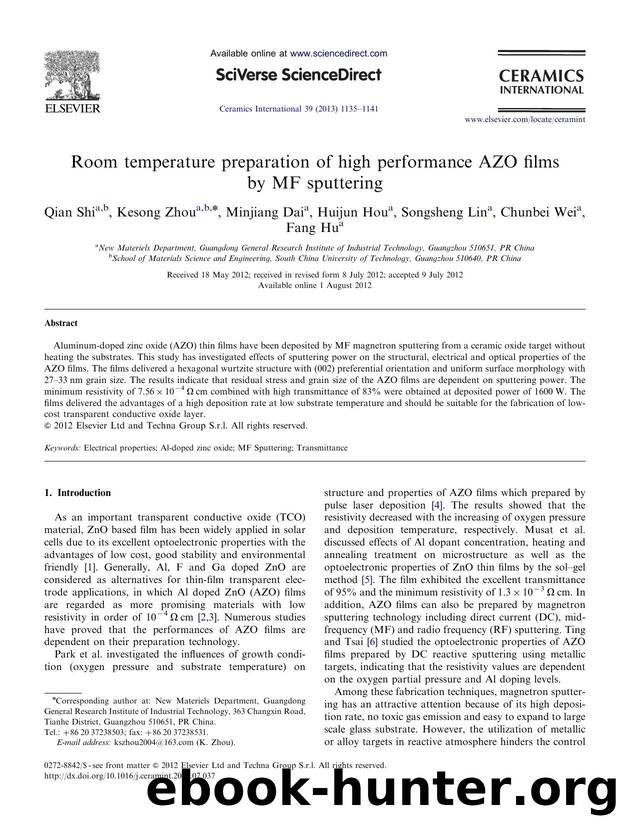 Room temperature preparation of high performance AZO films by MF sputtering by Qian Shi & Kesong Zhou & Minjiang Dai & Huijun Hou & Songsheng Lin & Chunbei Wei & Fang Hu