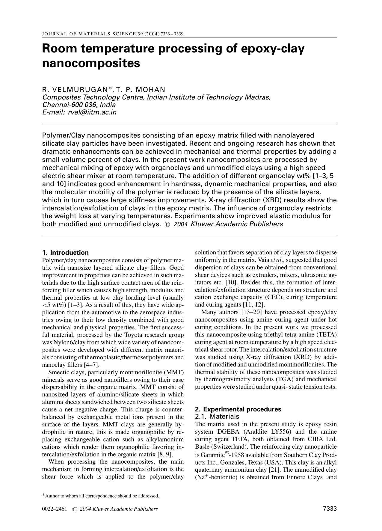 Room temperature processing of epoxy-clay nanocomposites by Unknown