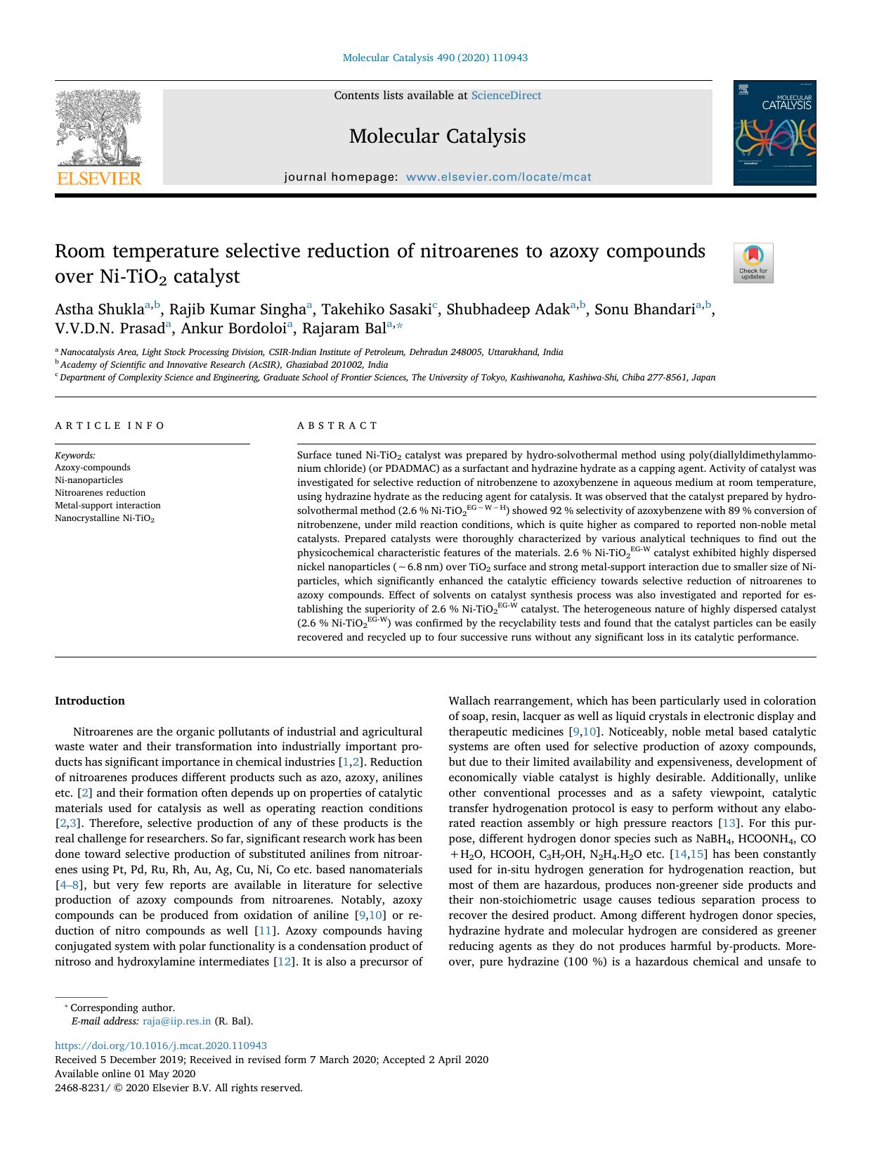 Room temperature selective reduction of nitroarenes to azoxy compounds over Ni-TiO2 catalyst by Astha Shukla